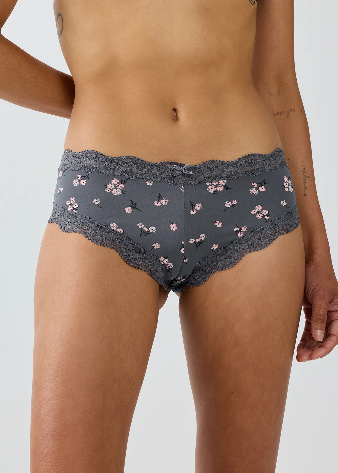 Lace Trim Ruche Detail Microfibre Hipsters - X CHARCOAL