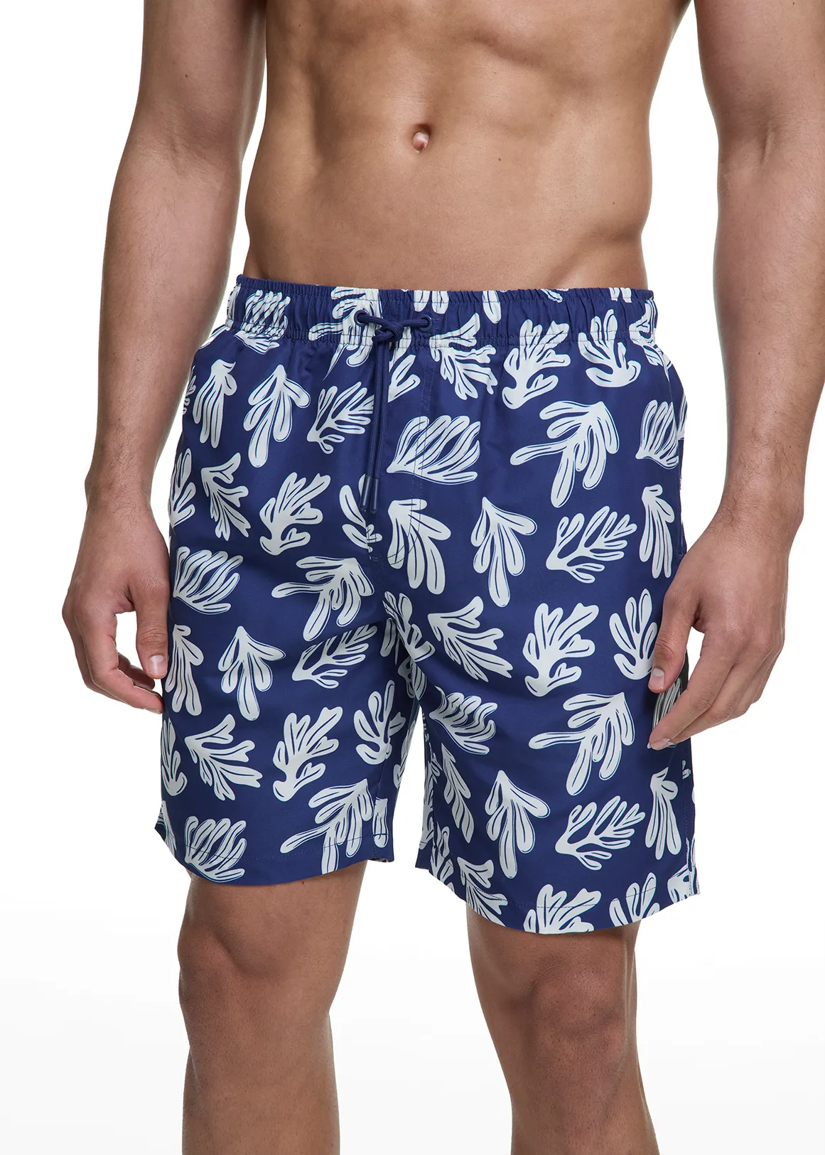 Leaf Print Longer Length Swim Shorts - INDIGO