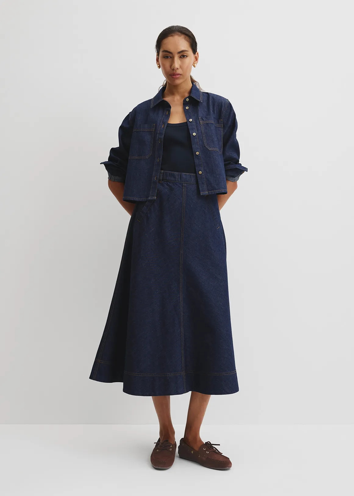 Lightweight Denim Midi Skirt - INDIGO RINSE