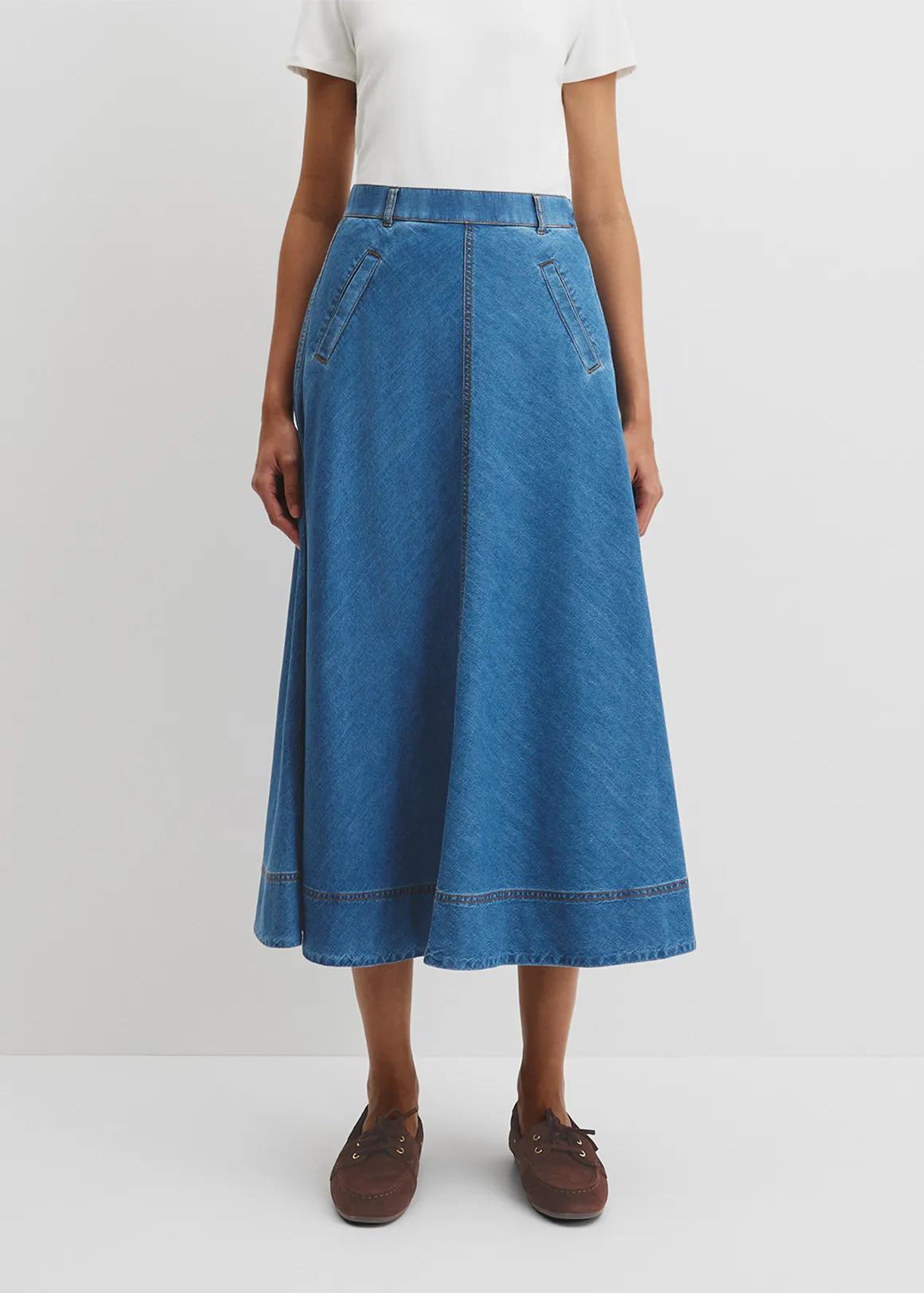 Lightweight Denim Midi Skirt - MID BLUE WASH