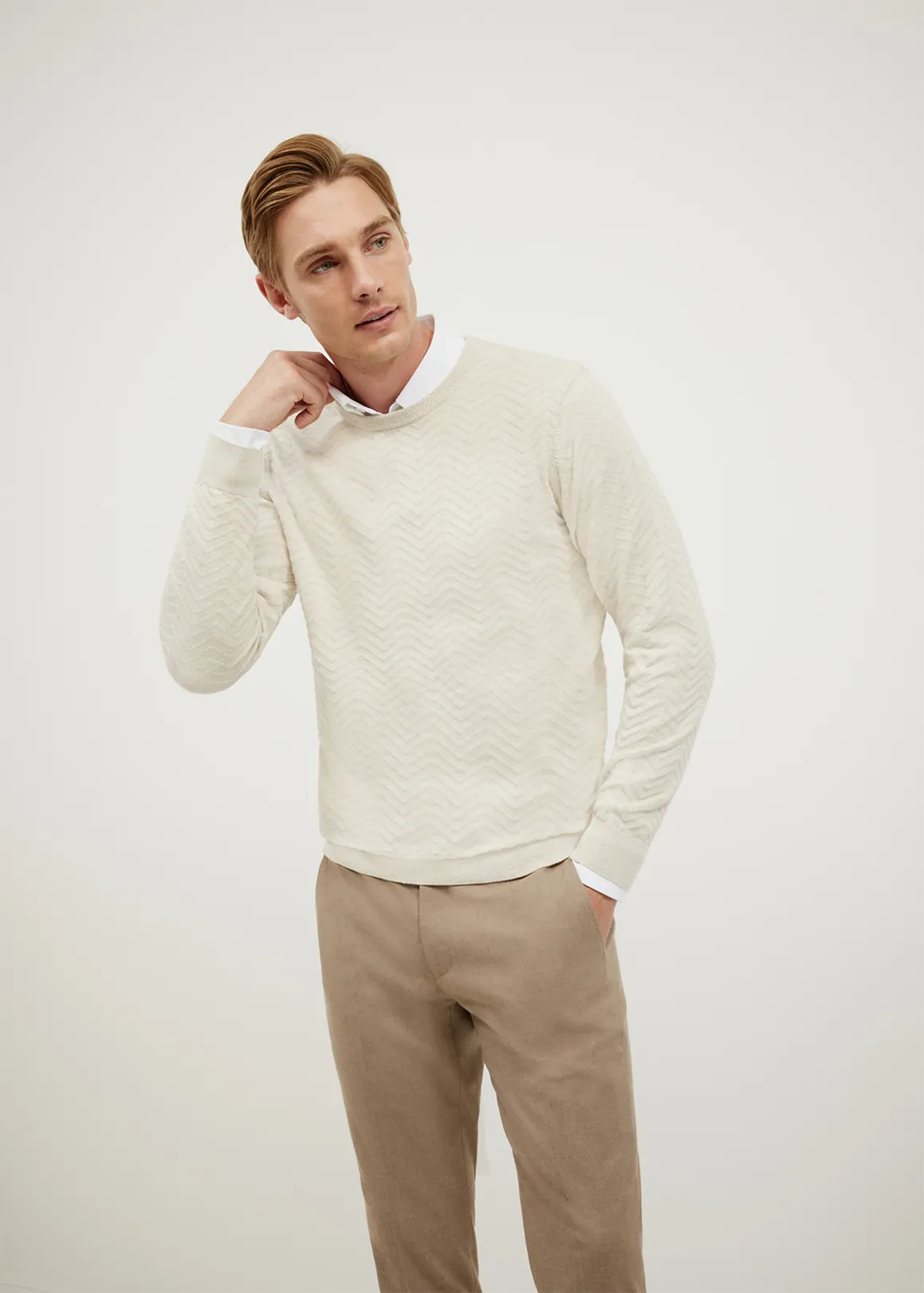 Lightweight Zig Zag Crew Neck Knit - BONE