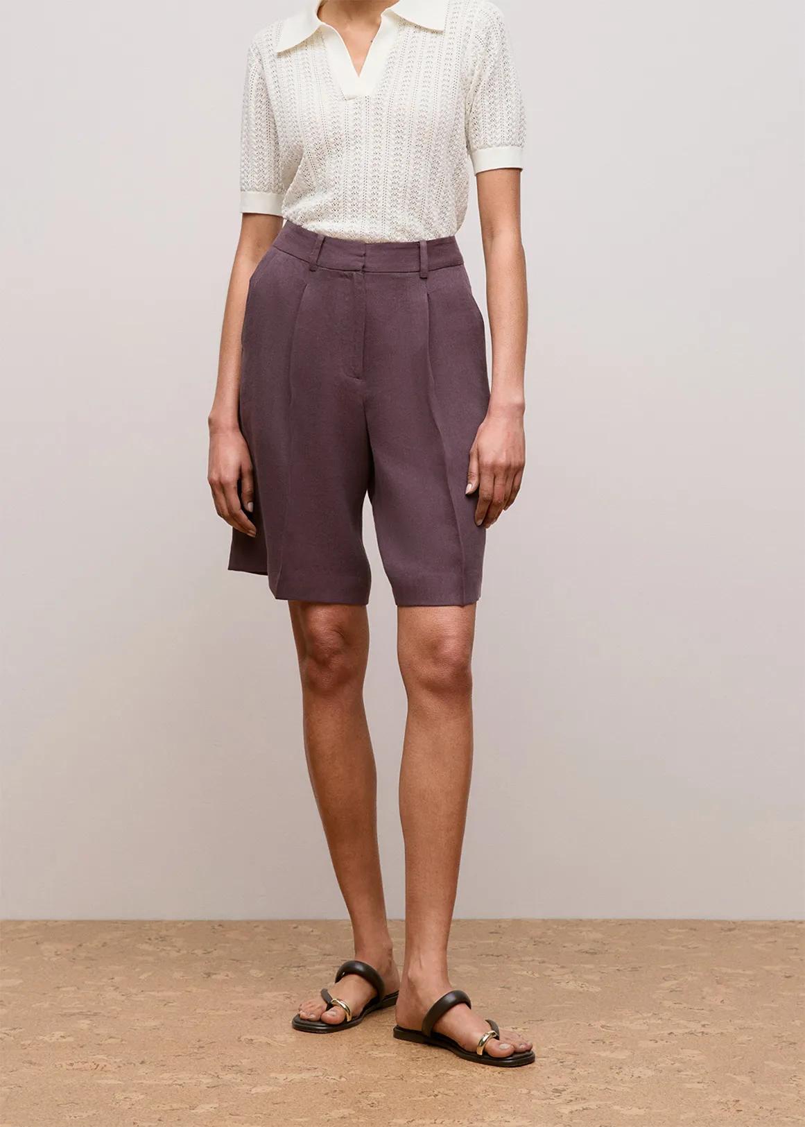 Linen Blend Longline Pleat Short - DARK PLUM