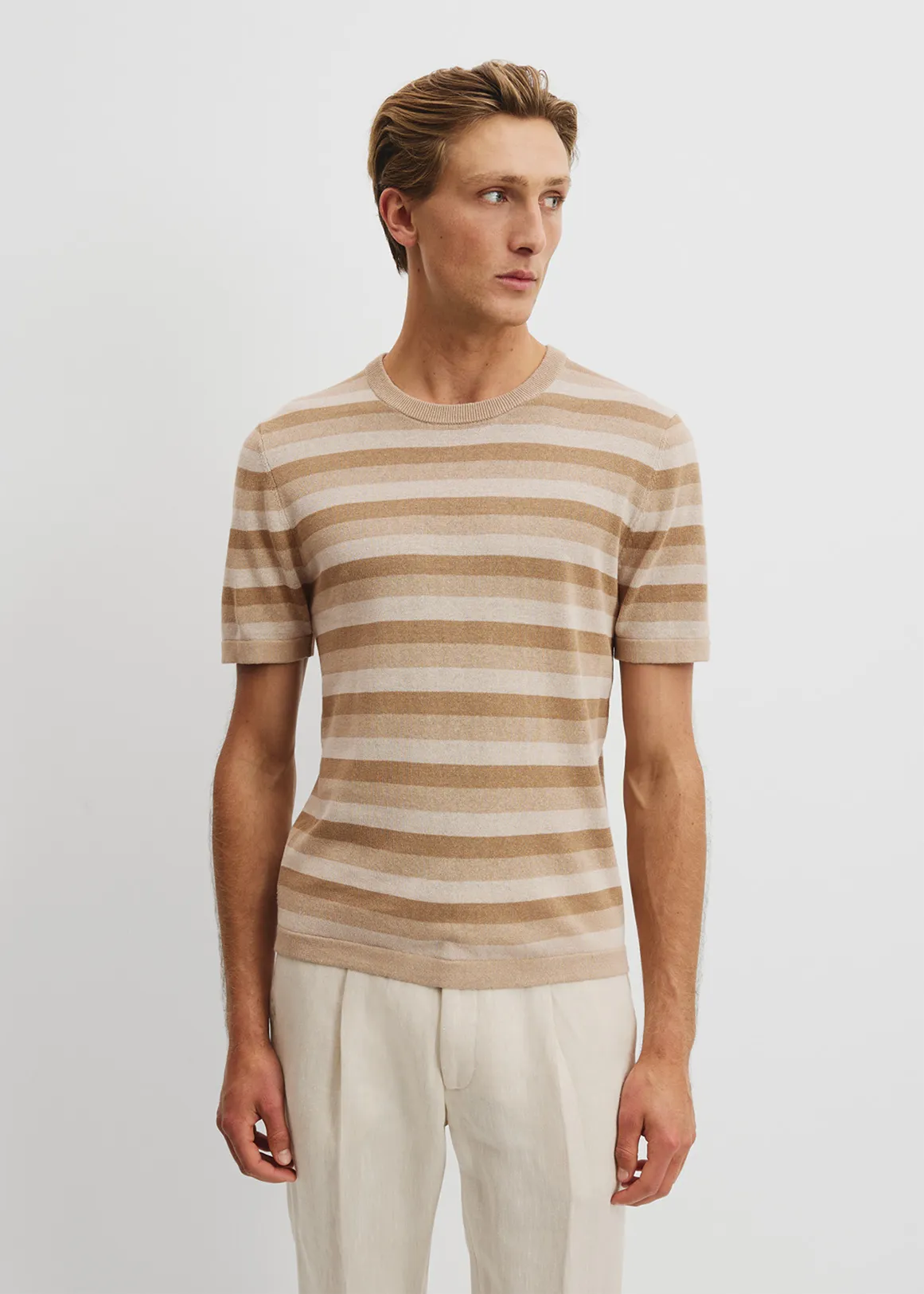 Linen Blend Stretch Knit T-Shirt - STONE