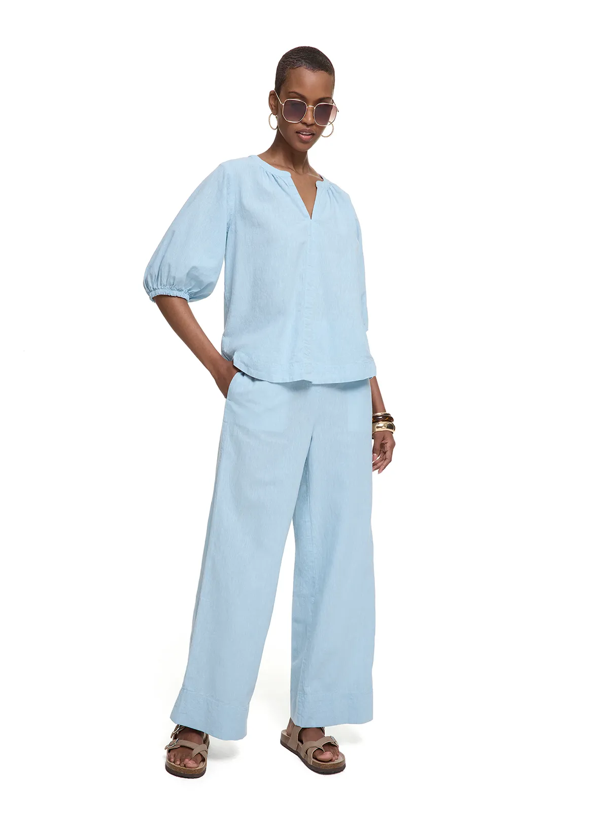 Linen Blend Wide Leg Pants - LIGHT BLUE
