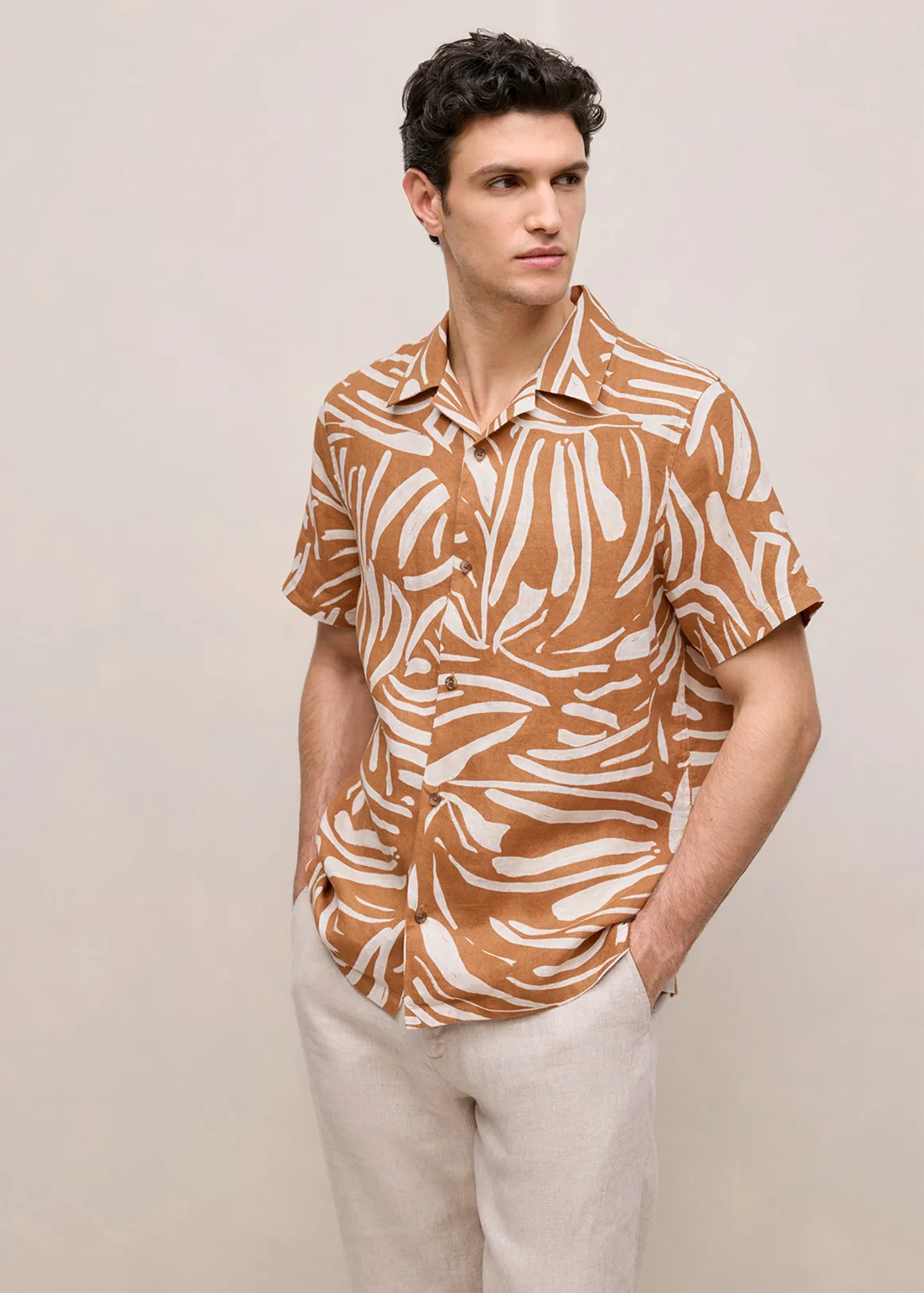 Linen Brushstroke Short Sleeve Shirt - BUTTERSCOTCH BROWN