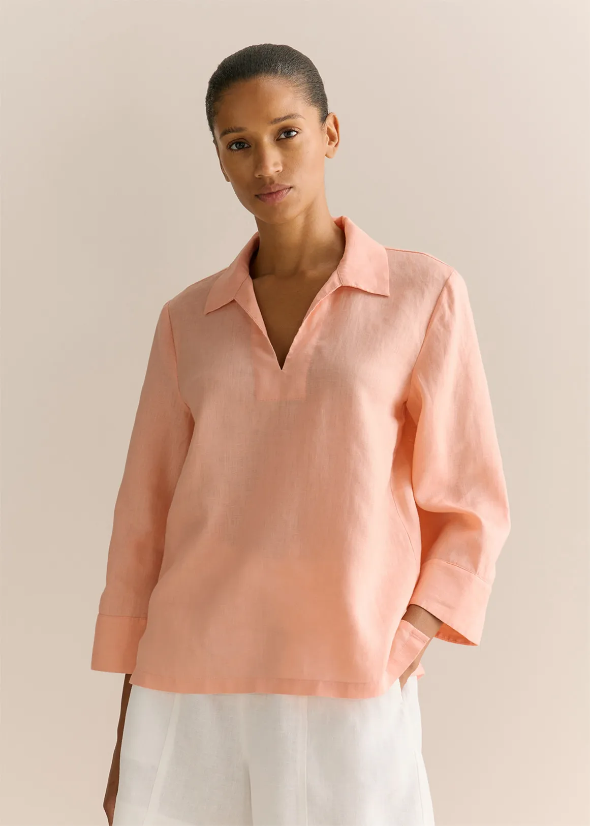 Linen Collared Popover Shirt - PINK SORBET