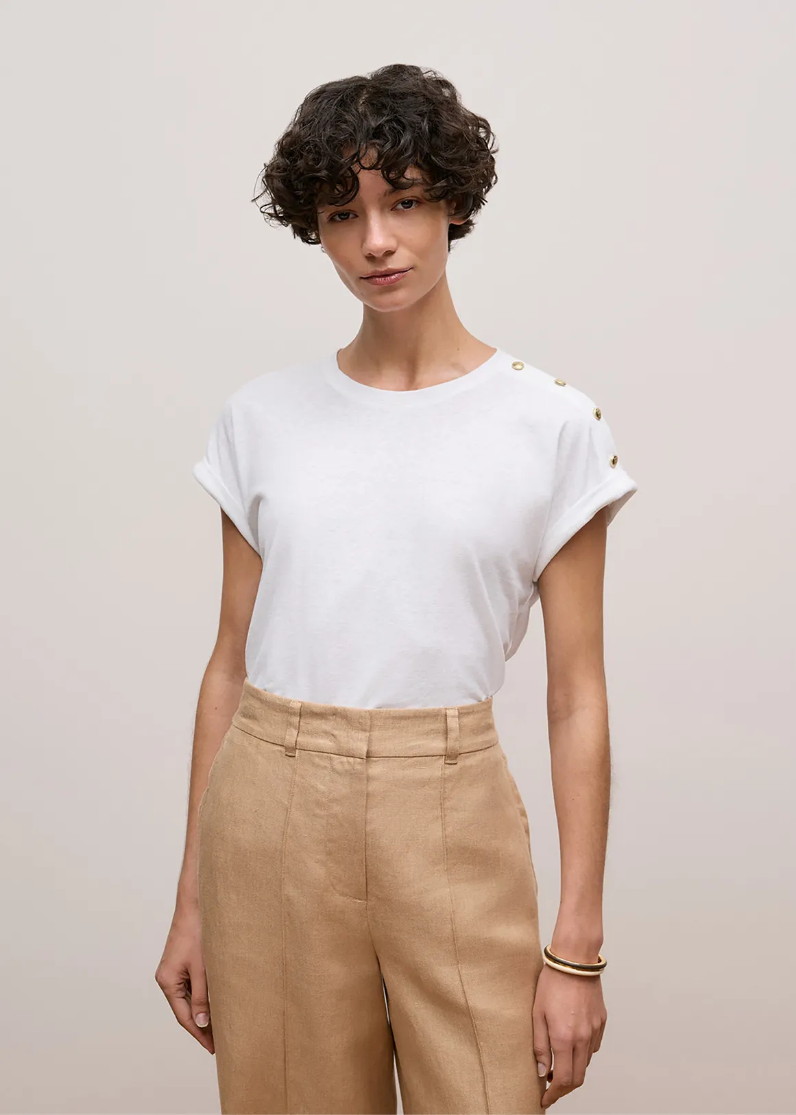 Linen Cotton Button Detail T-shirt - WHITE