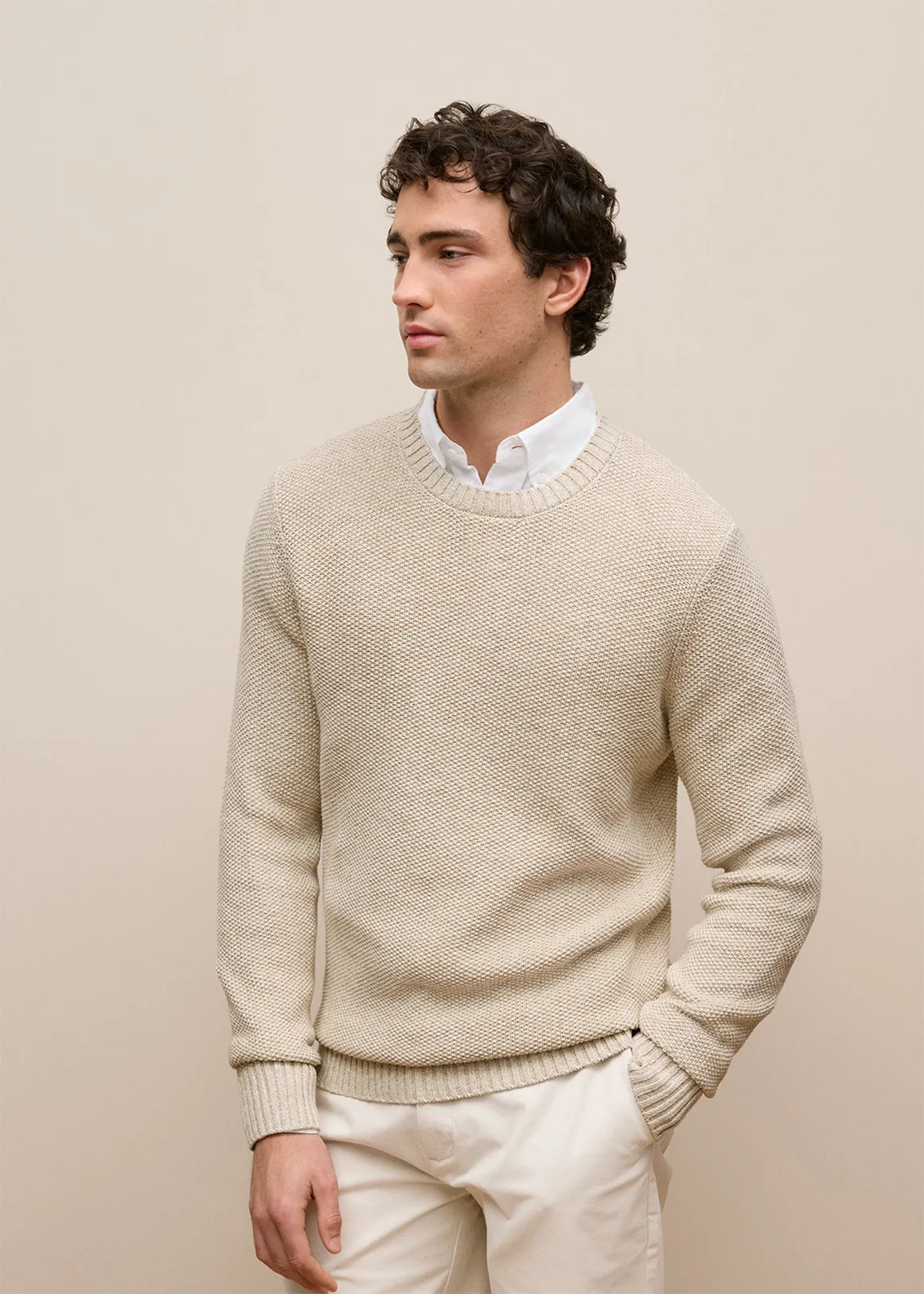 Linen Cotton Texture Knit Crew - FLAX