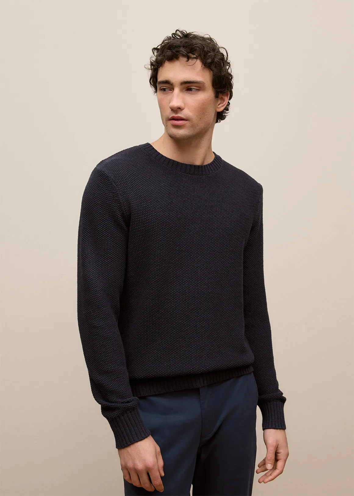 Linen Cotton Texture Knit Crew - NAVY