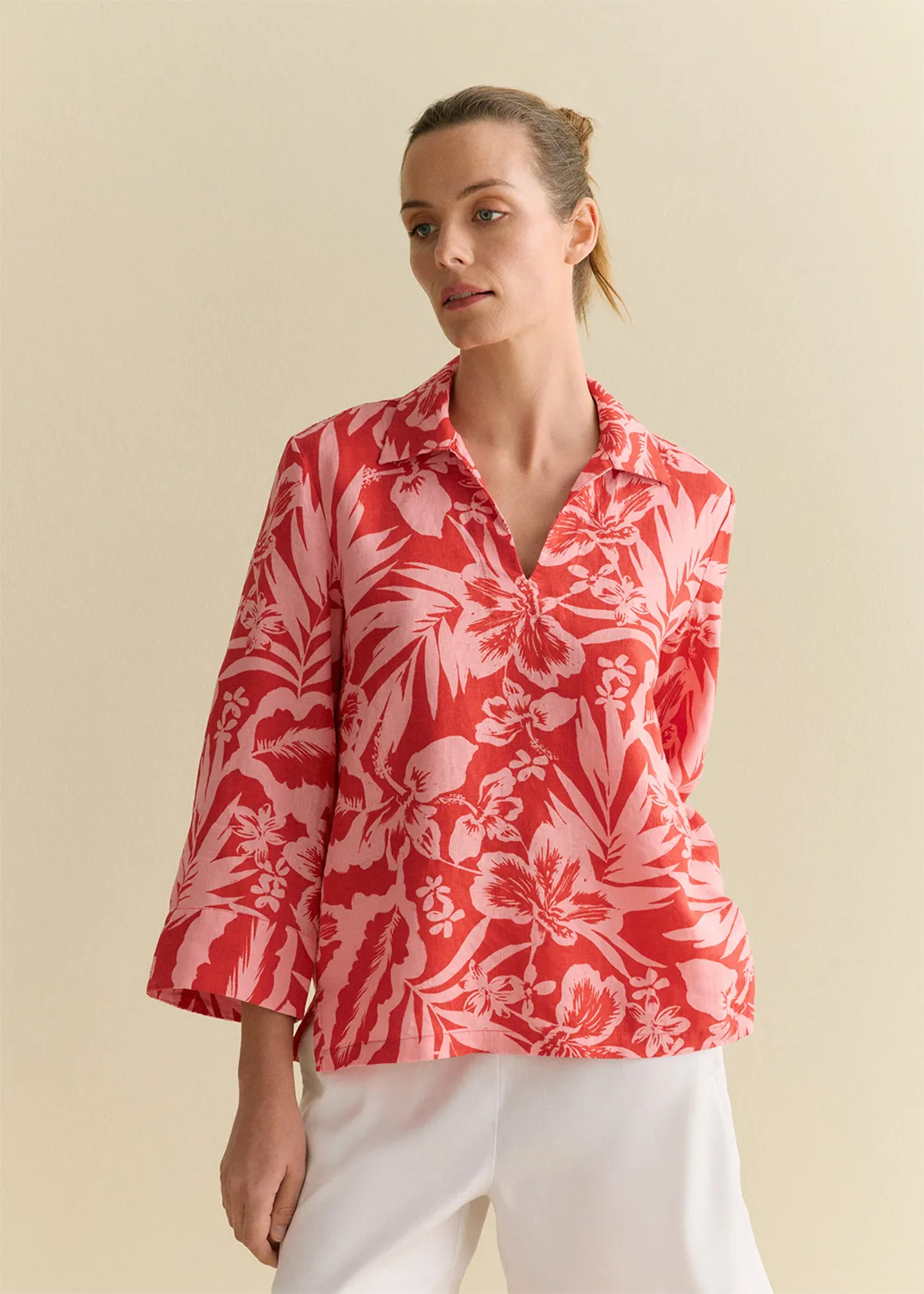 Linen Hibiscus Relaxed Popover Shirt - TRUE RED