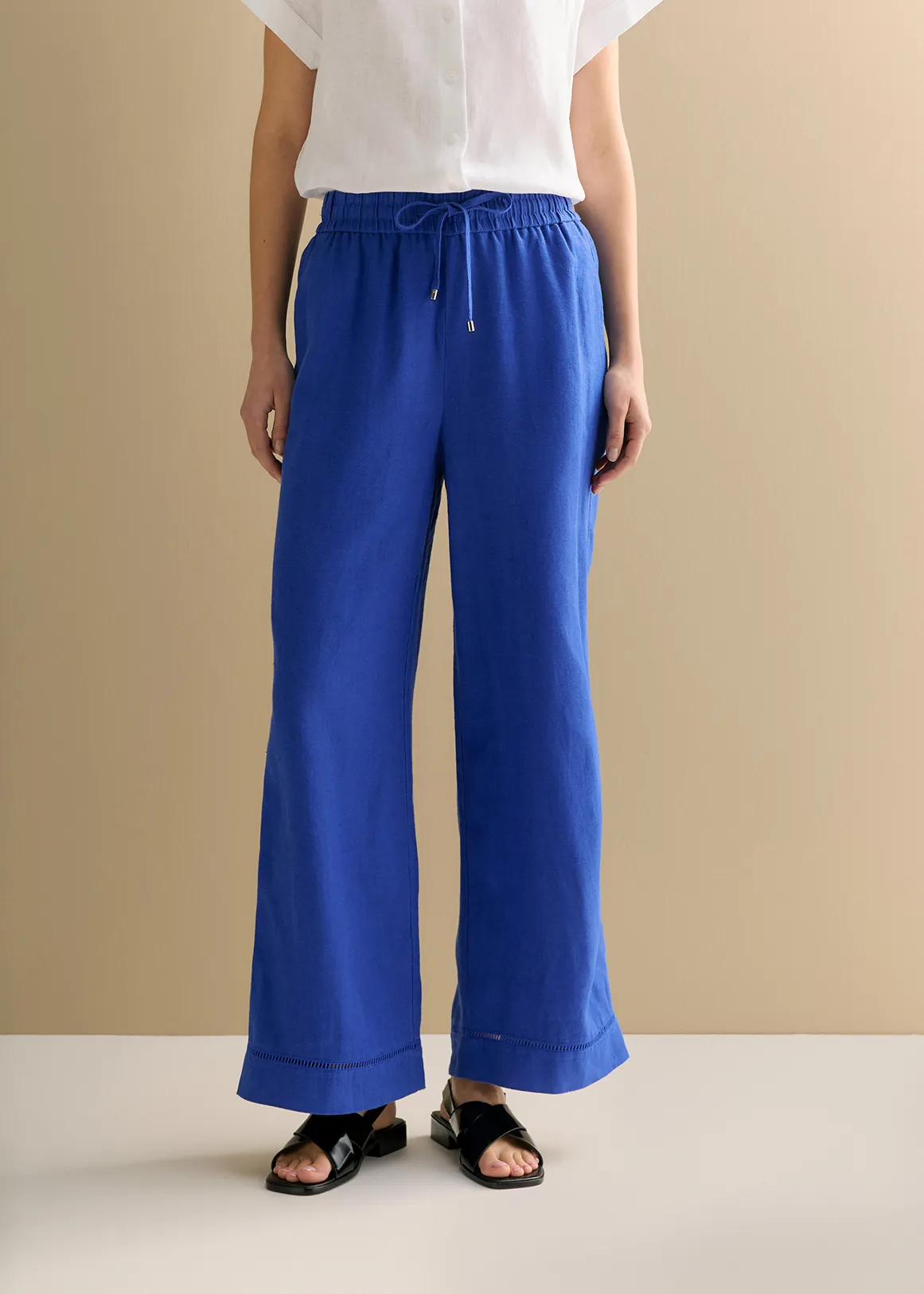 Linen Ladder Stitch Detail Pull On Pant - COBALT