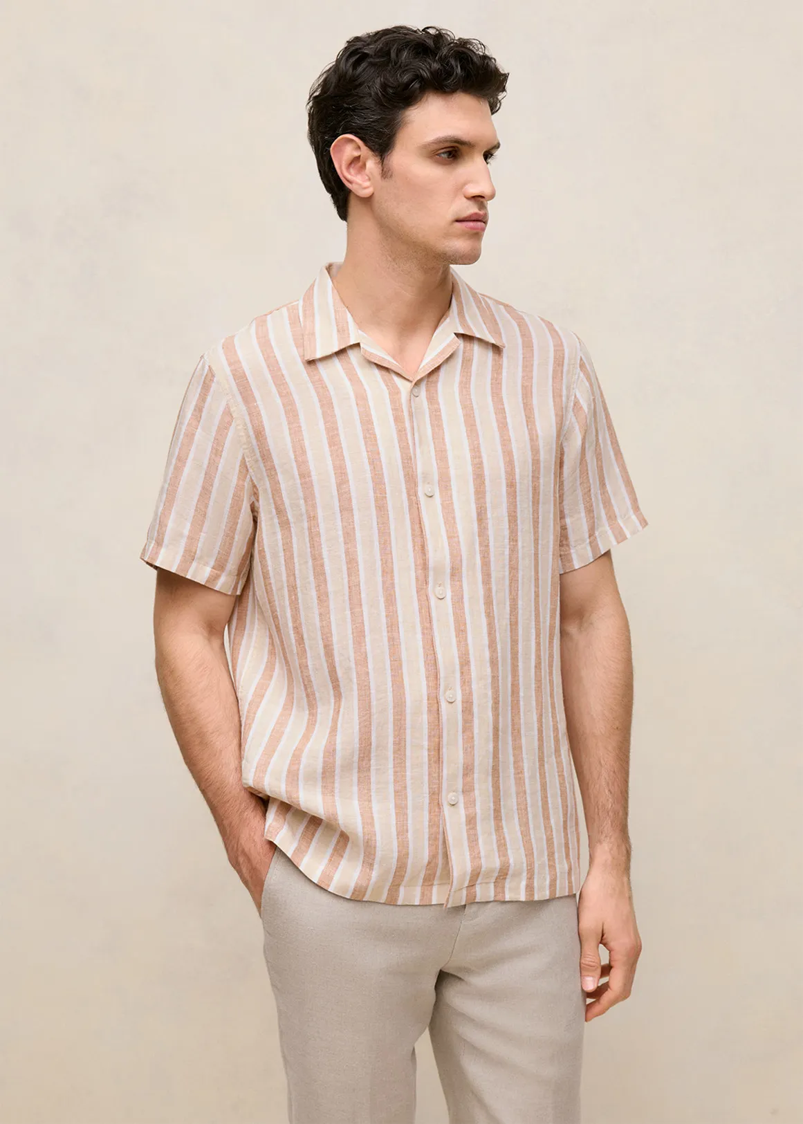 Linen Multi Stripe Short Sleeve Shirt - SAND1