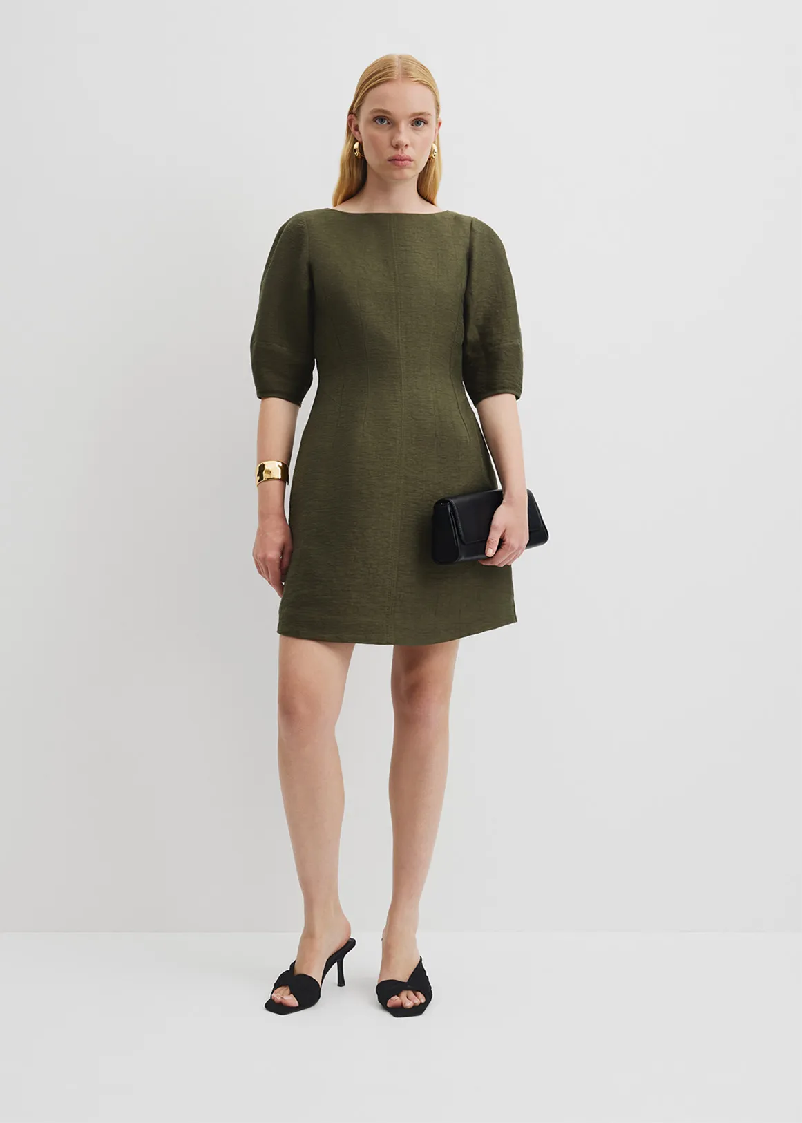 Linen Panelled Mini Dress - DEEP OLIVE