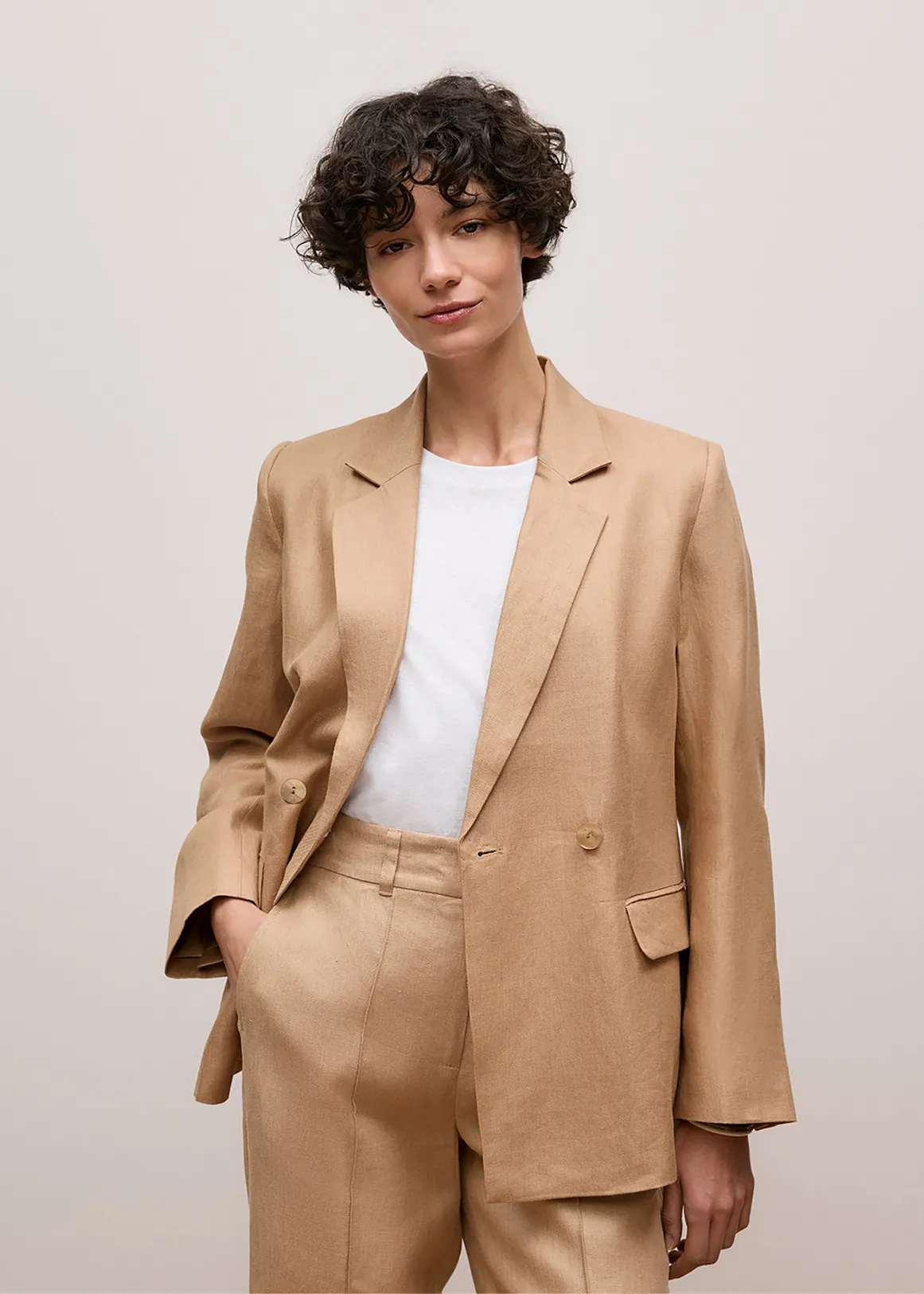 Linen Twill Double Breasted Blazer - LIGHT CAMEL