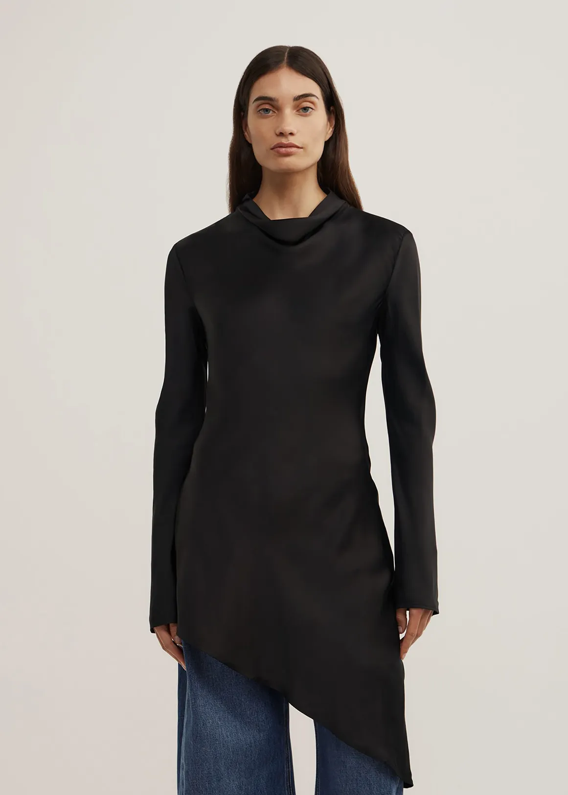Long Sleeve Asymmetric Tunic Top - BLACK
