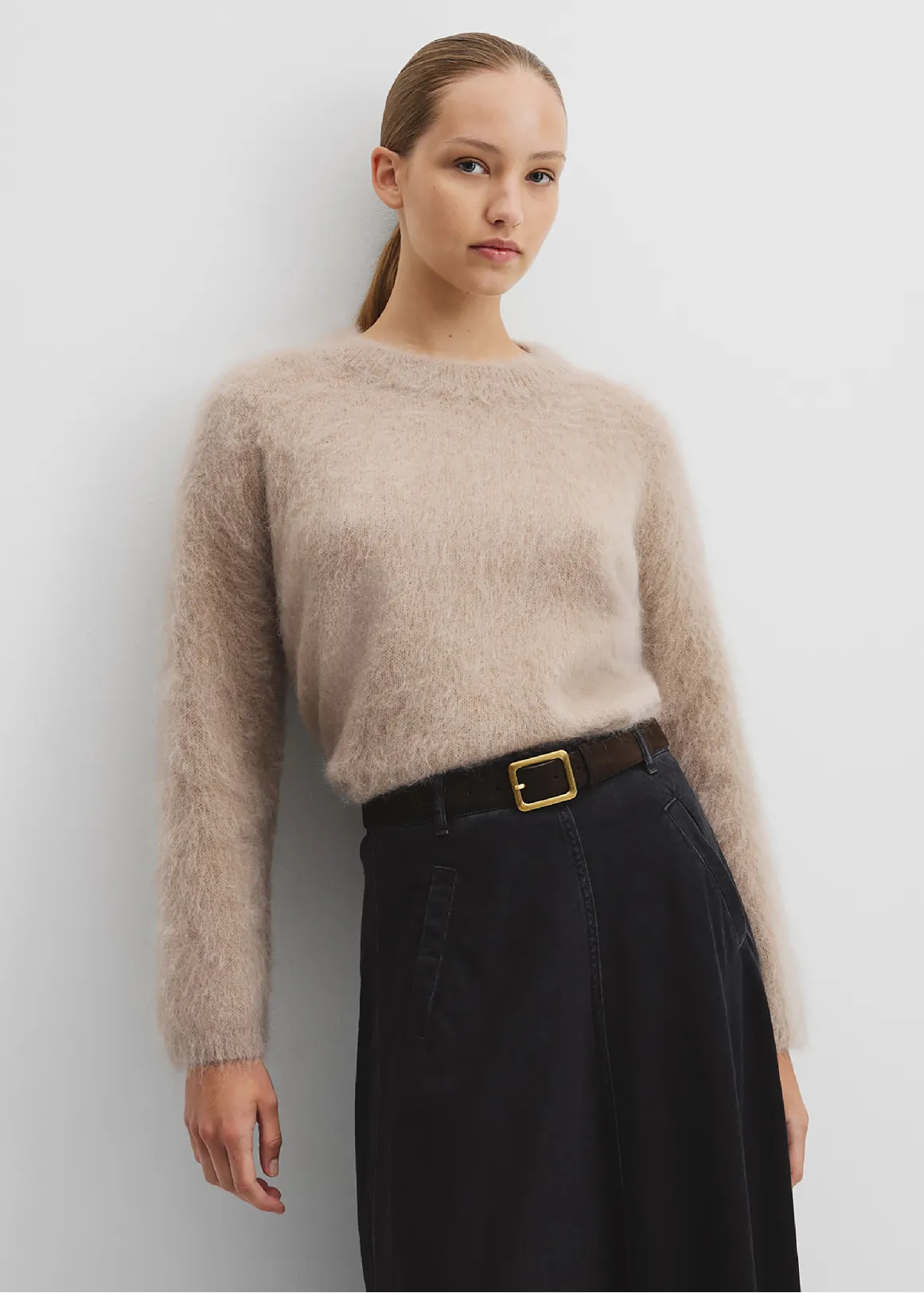 Long Sleeve Fluffy Crew Knit - STONE TAUPE