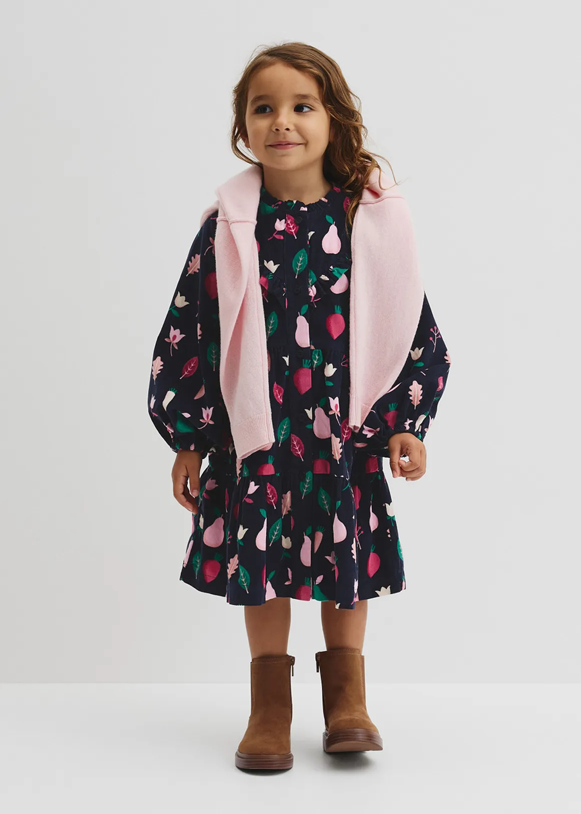 Long Sleeve Fruit Cord Dress - NAVY MULTI