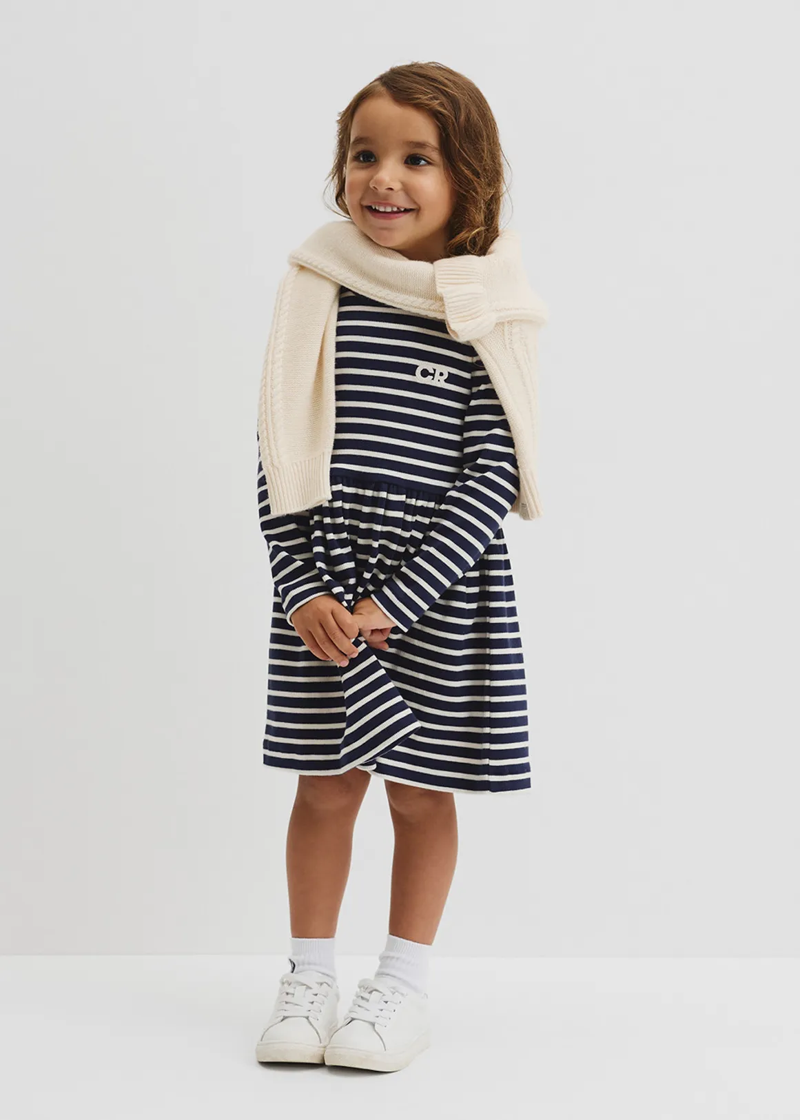 Long Sleeve Gathered Rib Dress - NAVY STRIPE