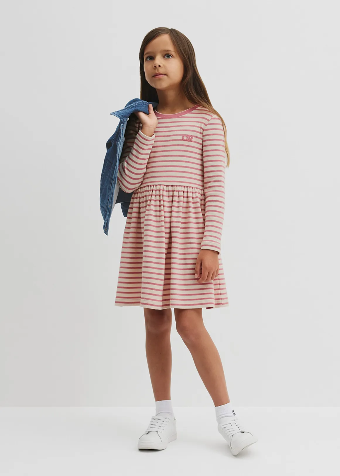 Long Sleeve Gathered Rib Dress - ROSEWOOD STRIPE