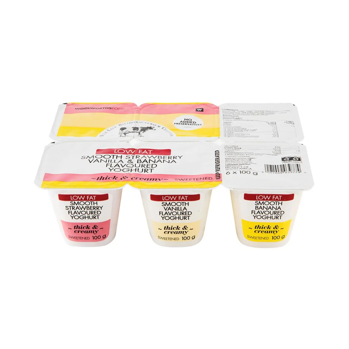 Low Fat Smooth Strawberry,Vanilla, Banana Yoghurt 6 x 100 g