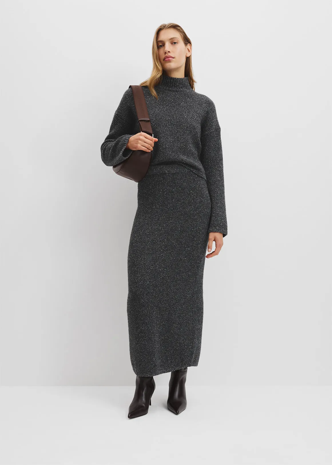 Melange Knit Midi Skirt - CARBON