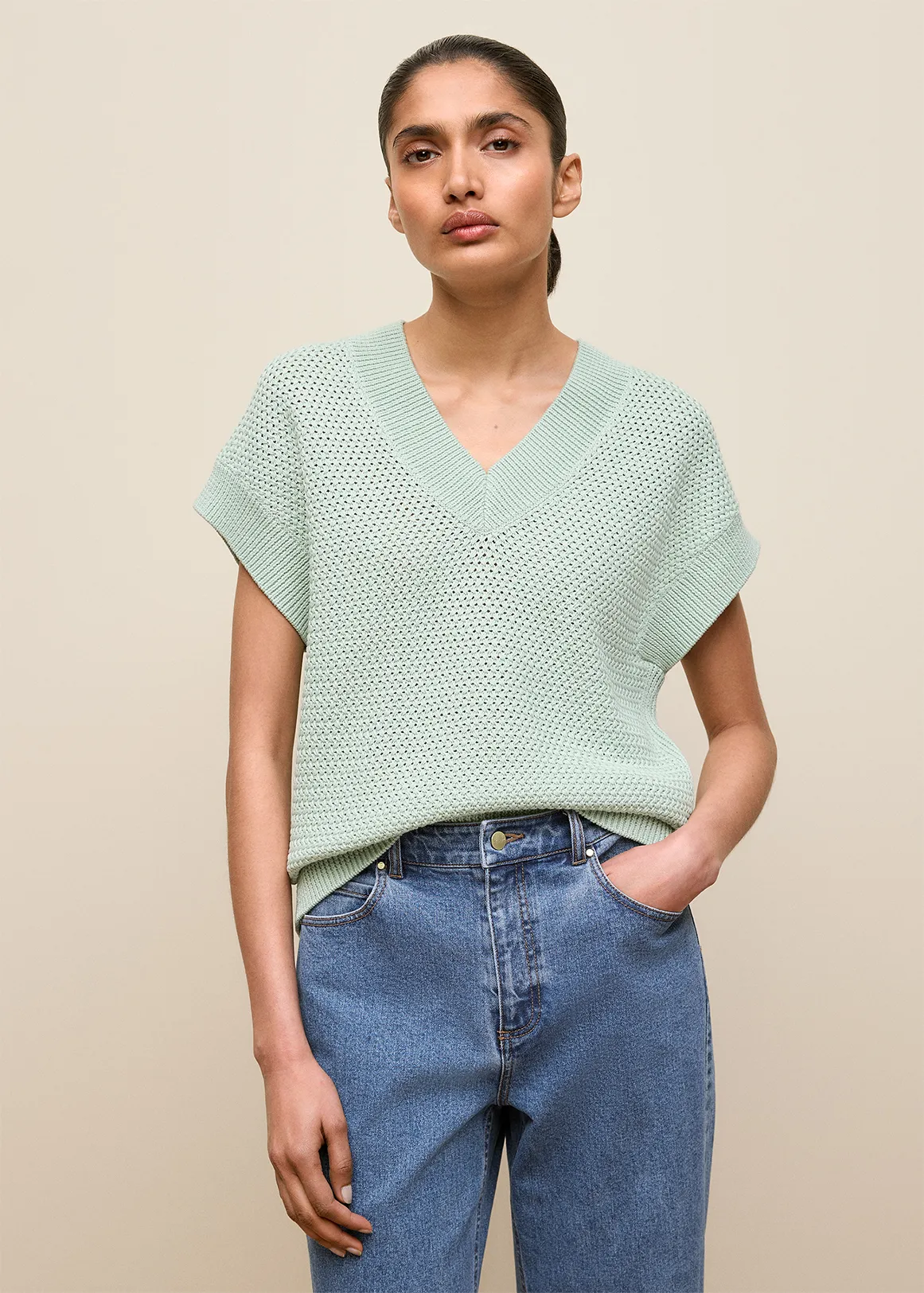 Mercerised Cotton Basketweave Knit Vest - LIGHT MINT