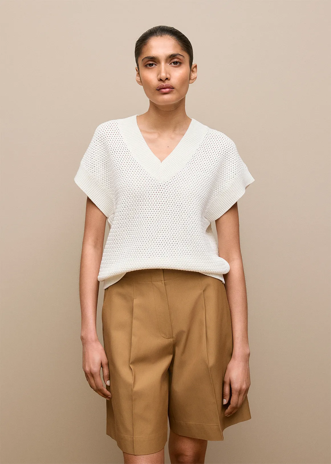 Mercerised Cotton Basketweave Knit Vest - OFF WHITE