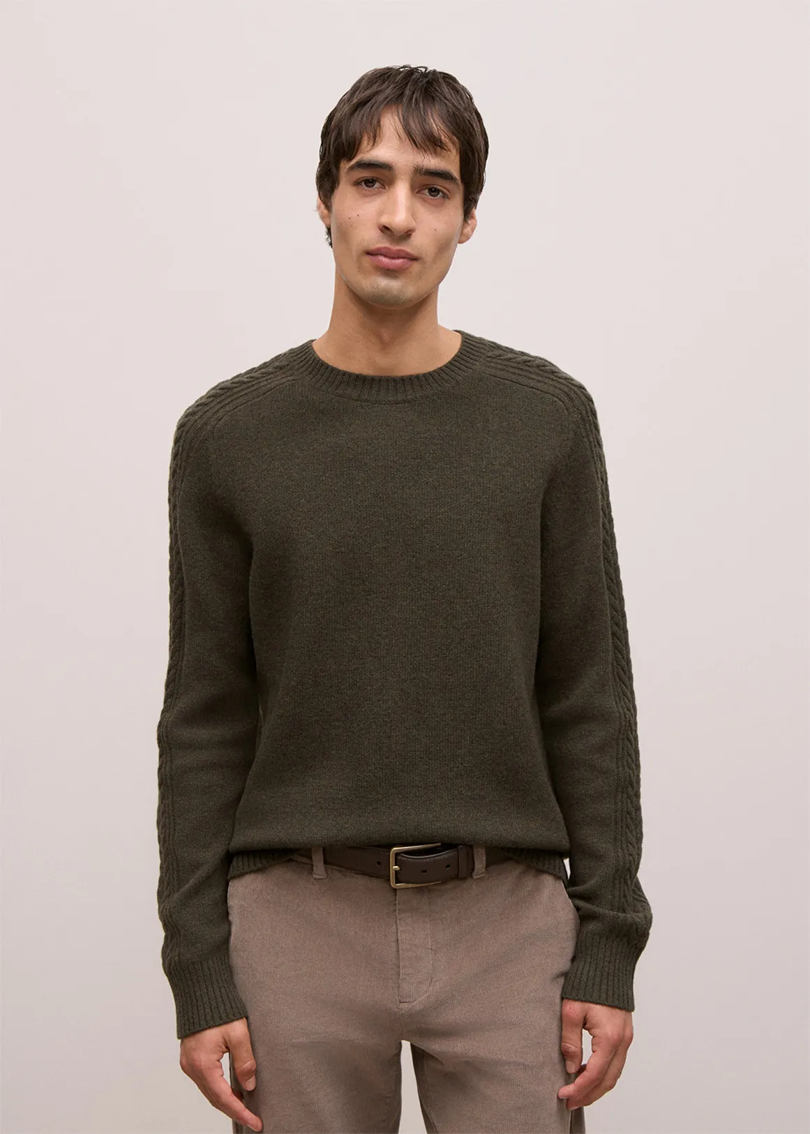 Merino Cable Detail Crew - WINTER MOSS
