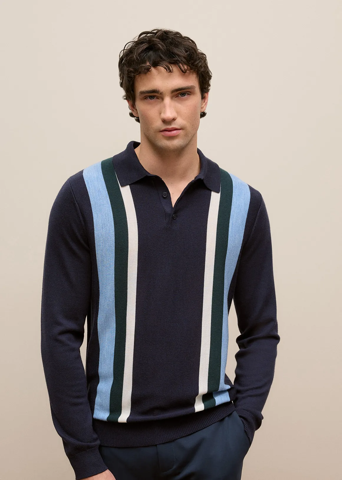 Merino Graphic Stripe Long Sleeve Polo - NAVY