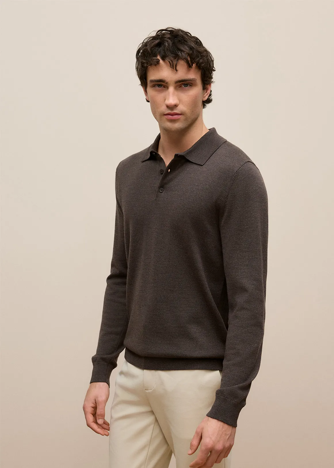 Merino Long Sleeve Polo - ESPRESSO