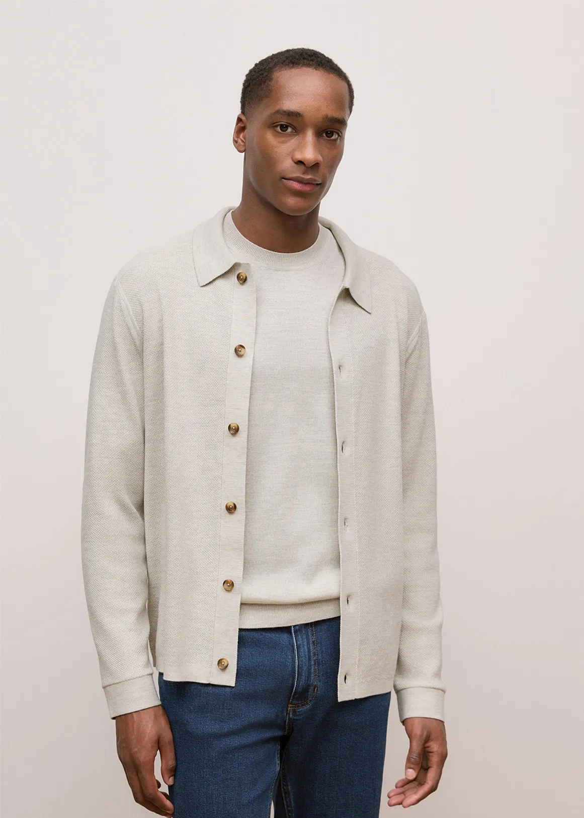 Merino Texture Knit Long Sleeve Shirt - STONE
