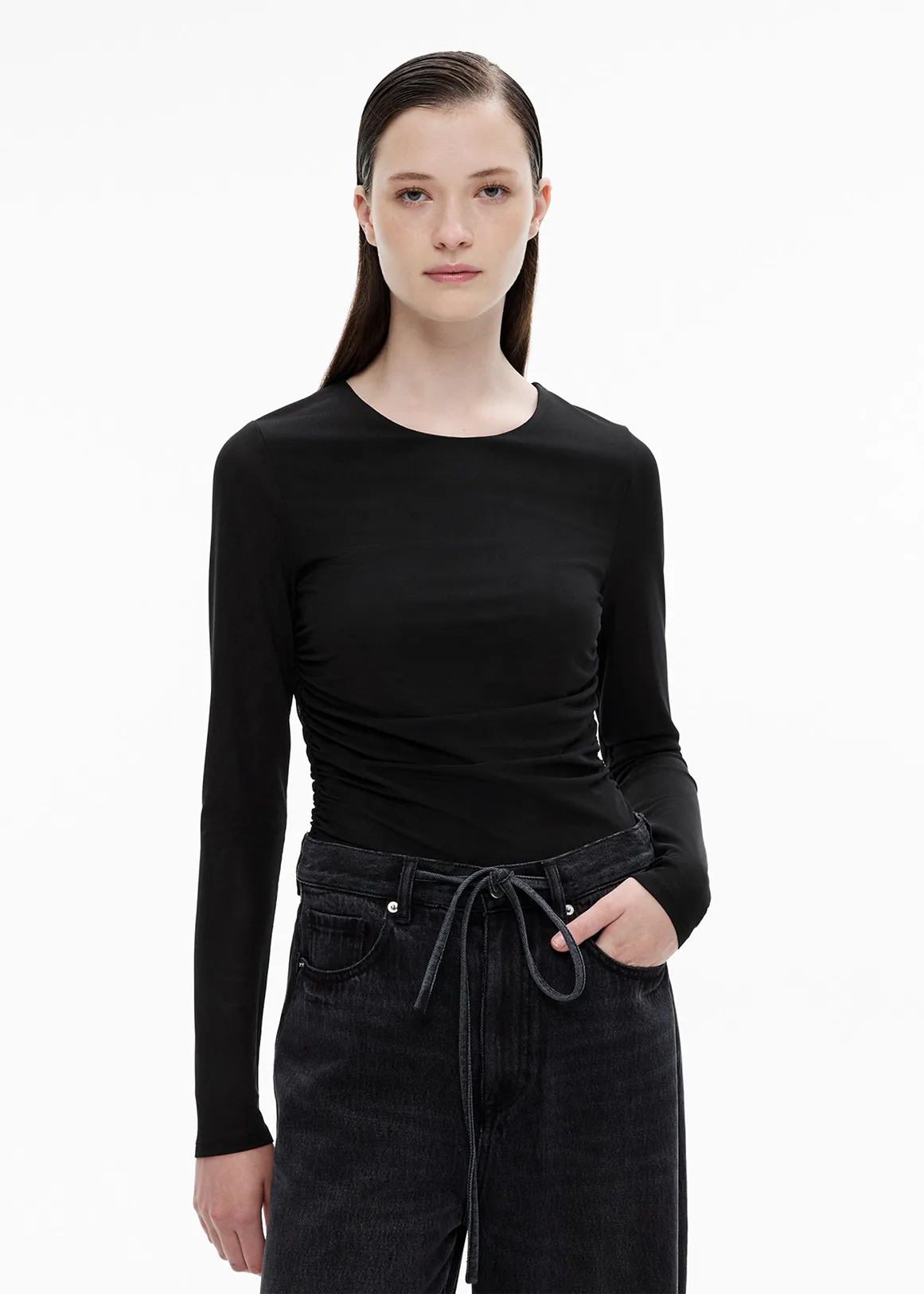 Mesh Crew Gather Top - BLACK
