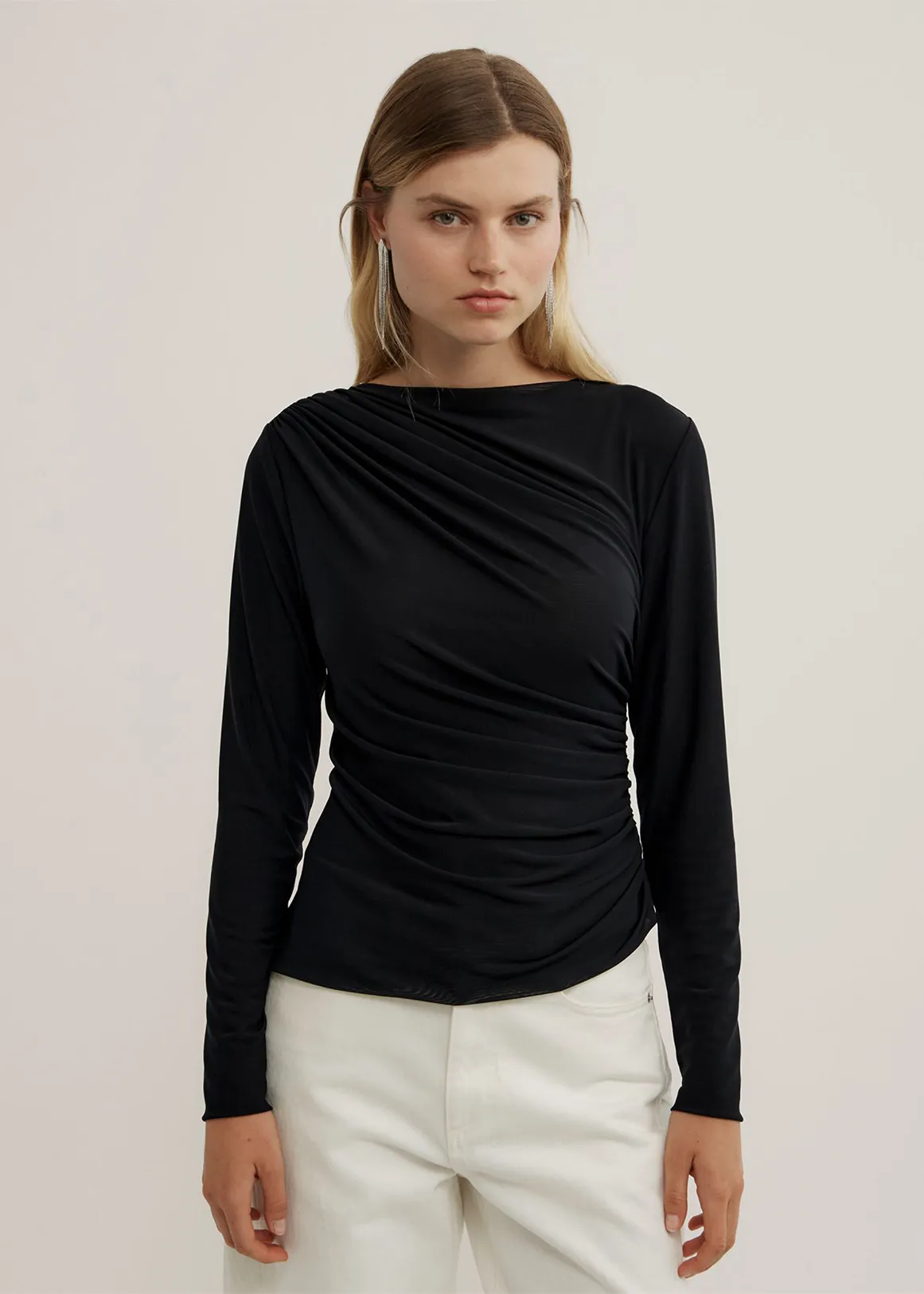 Mesh Drape Long Sleeve Top - BLACK