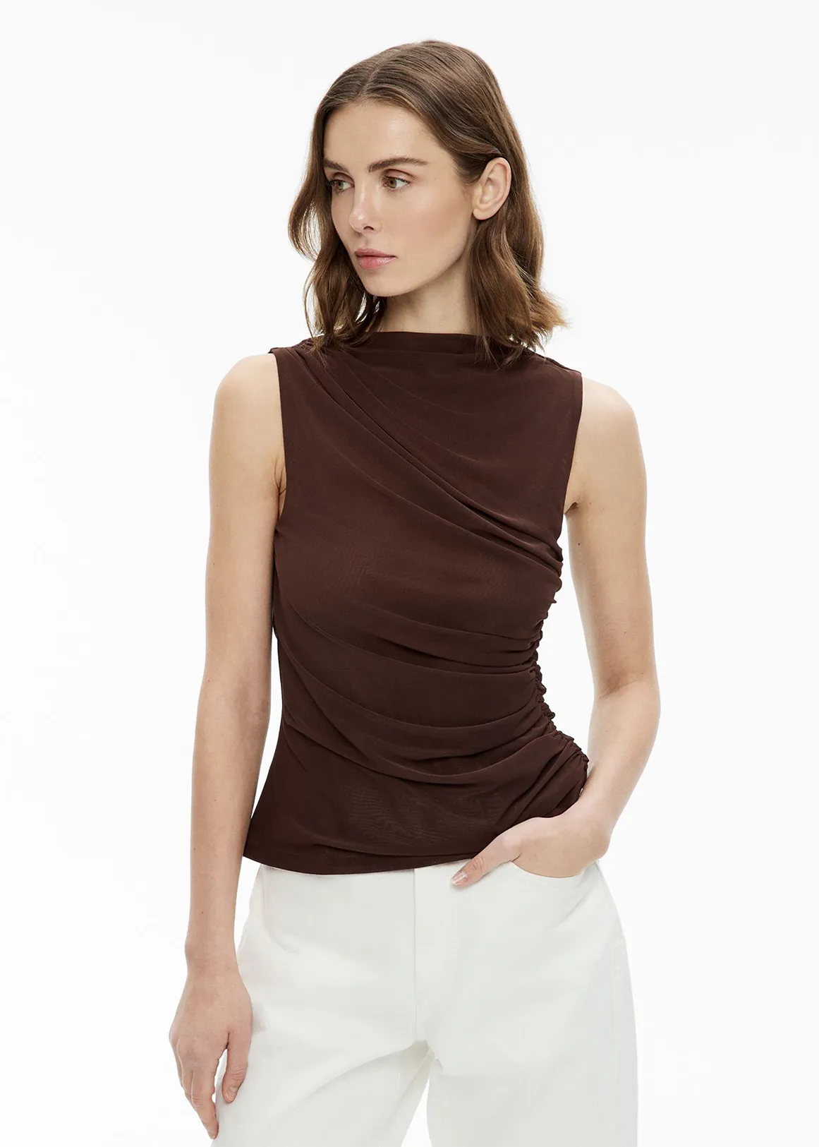 Mesh Drape Tank Top - ESPRESSO
