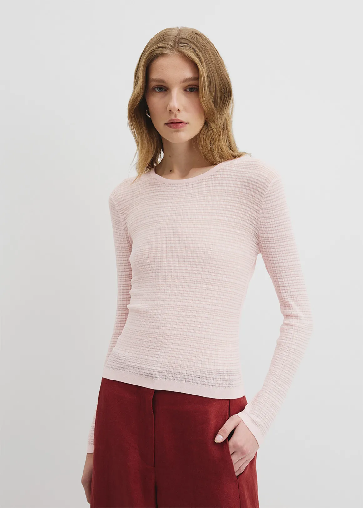 Mesh Long Sleeve Knit Top - BALLET PINK