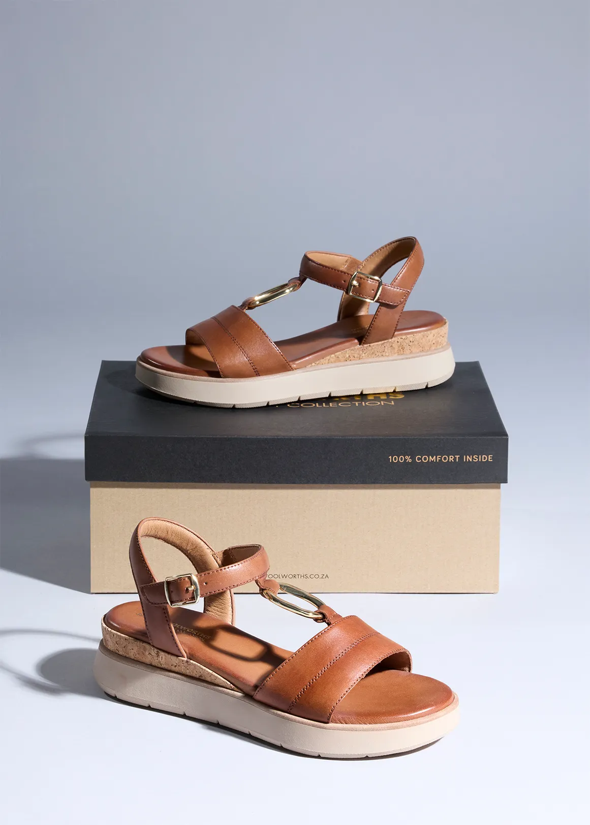 Metal Trim Slingback Wedge Leather Sandals - Comfort Leather - TAN