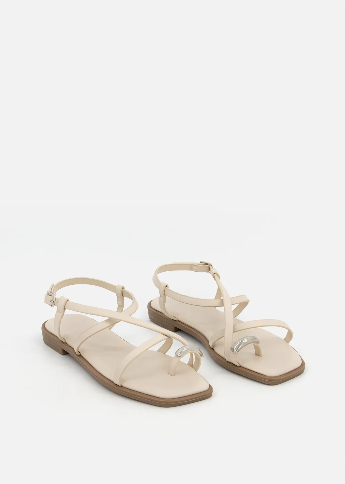 Metallic Detail Strappy Toe Post Sandals - WHITE