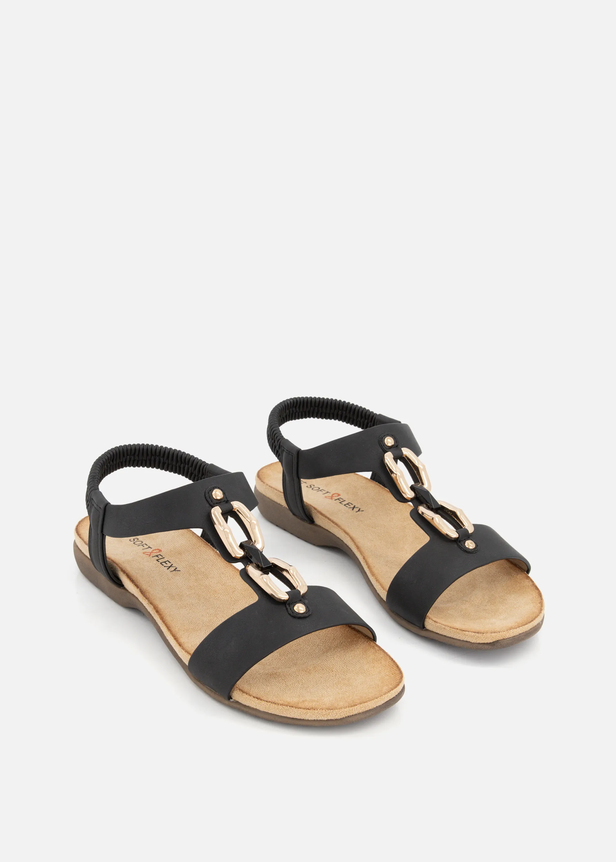 Metallic Trim Stretch Sandals - BLACK