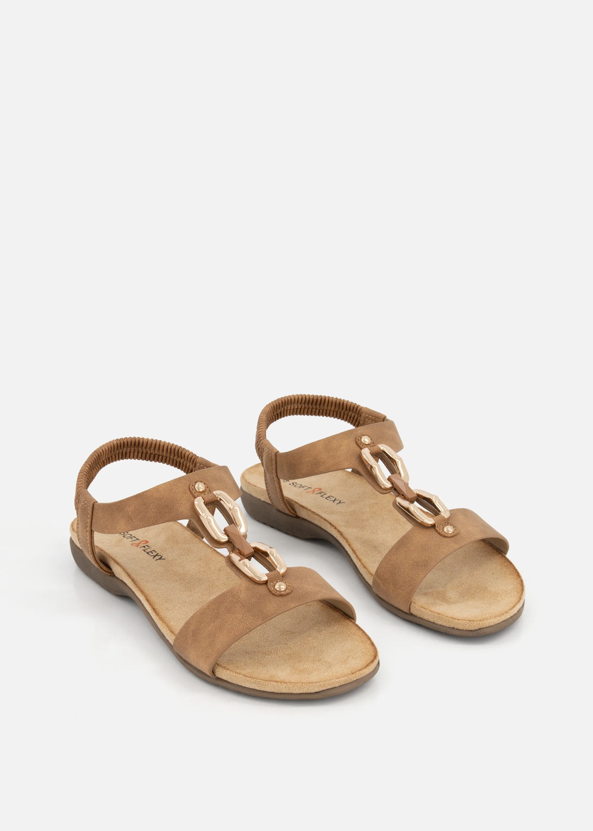 Metallic Trim Stretch Sandals - TAN