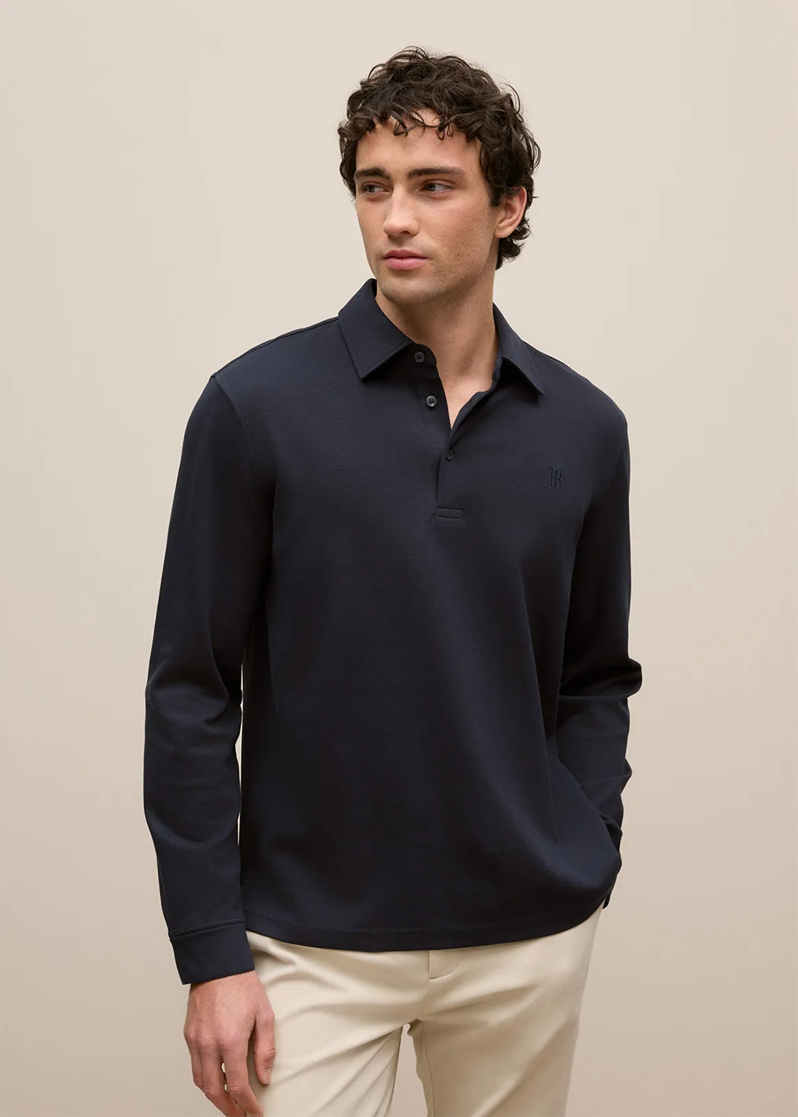 Micro Pique Monogram Long Sleeve Polo - NAVY