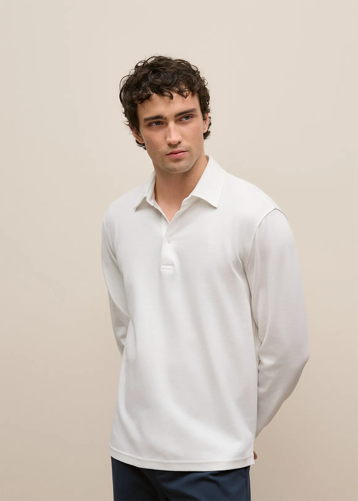 Micro Pique Monogram Long Sleeve Polo - WHITE