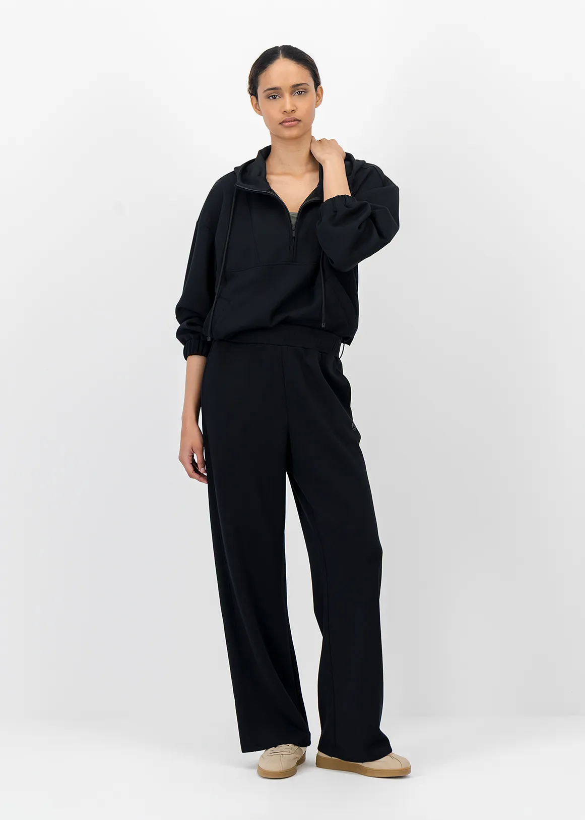 Modal Blend Wide Leg Track Pants - BLACK