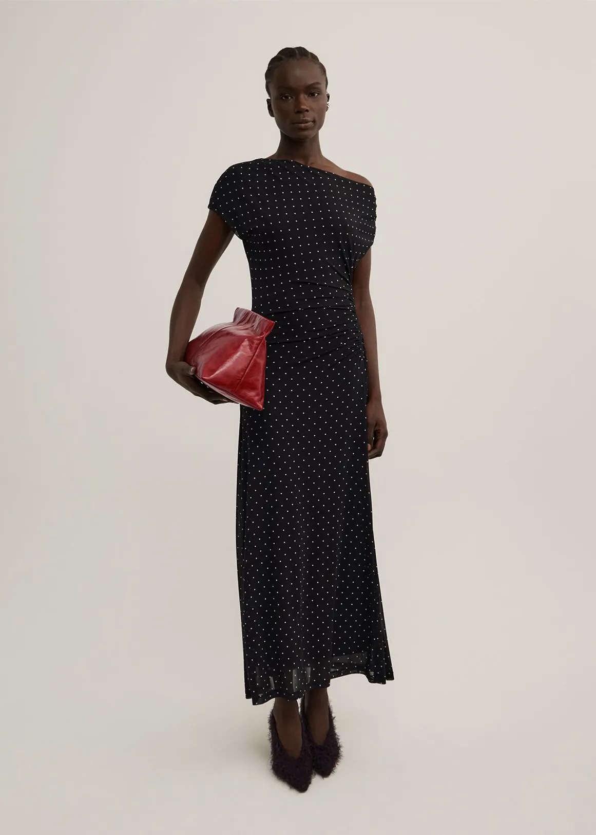 Off Shoulder Mesh Dress - BLACK POLKA DOT