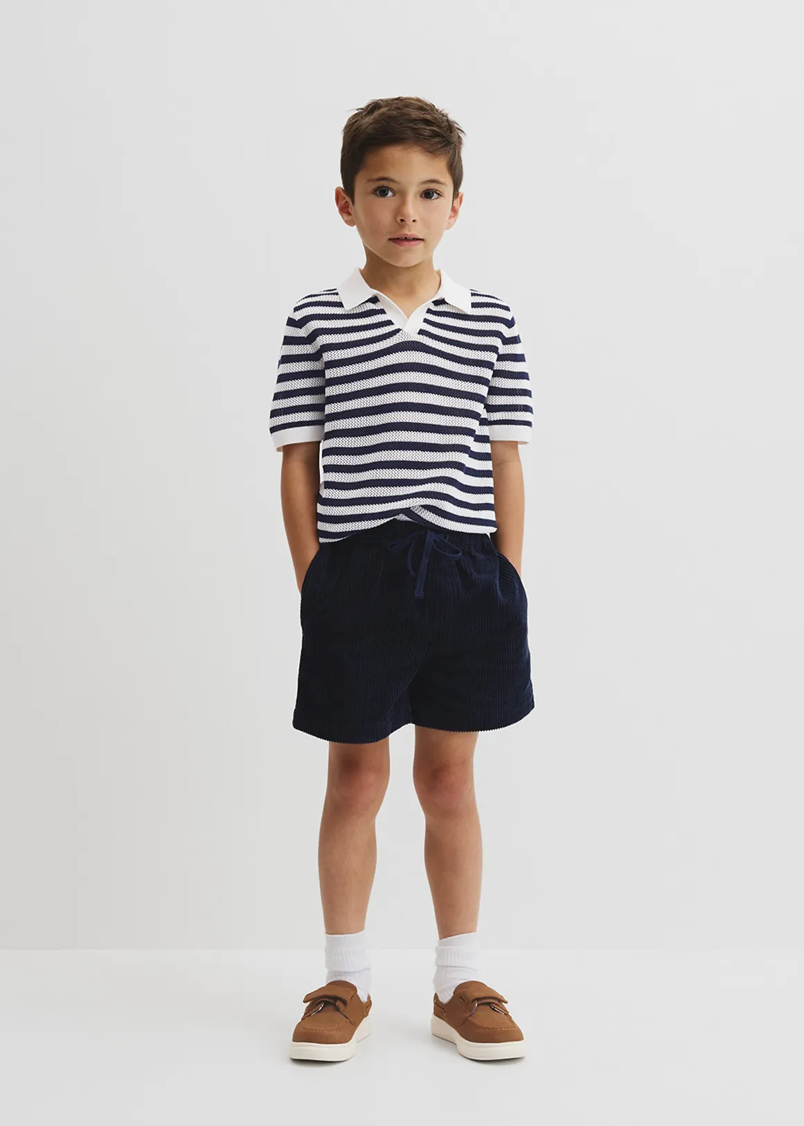 Open Neck Knit Polo - NAVY STRIPE
