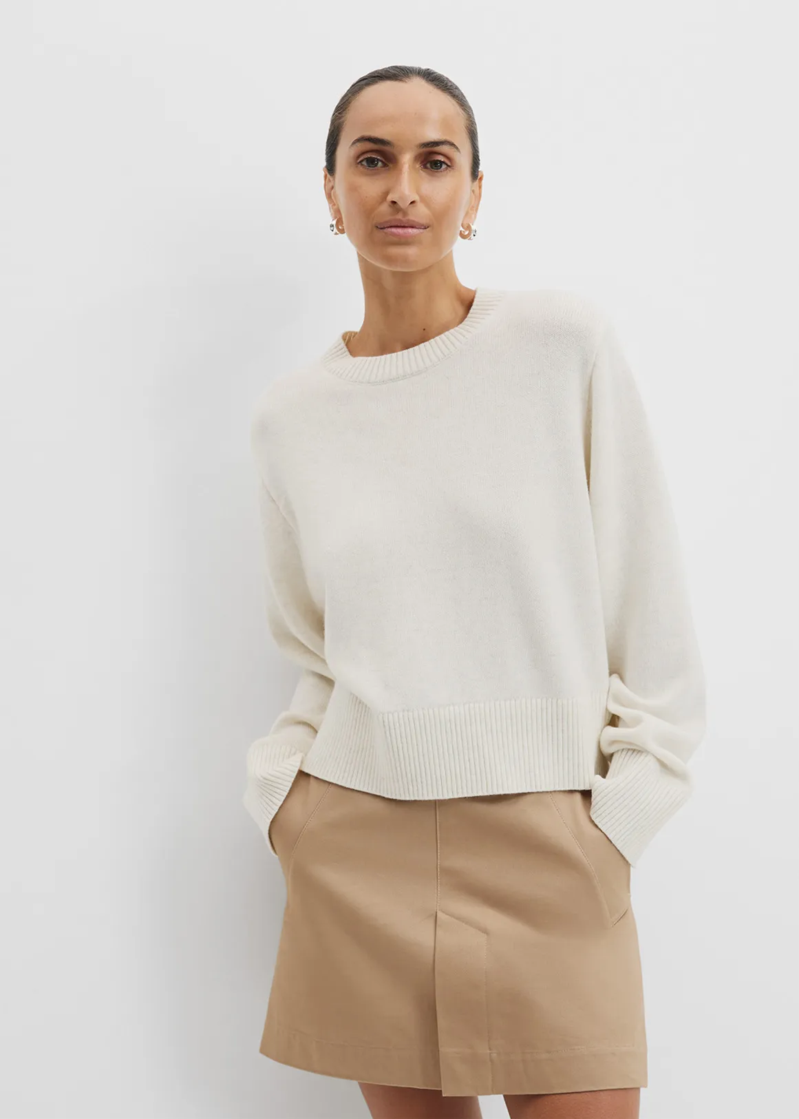 Organically Grown Cotton Blend Crop Crew Neck Knit - CHALK MARLE