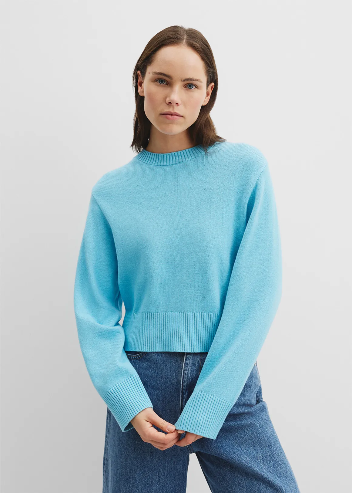 Organically Grown Cotton Blend Crop Crew Neck Knit - SEA BLUE