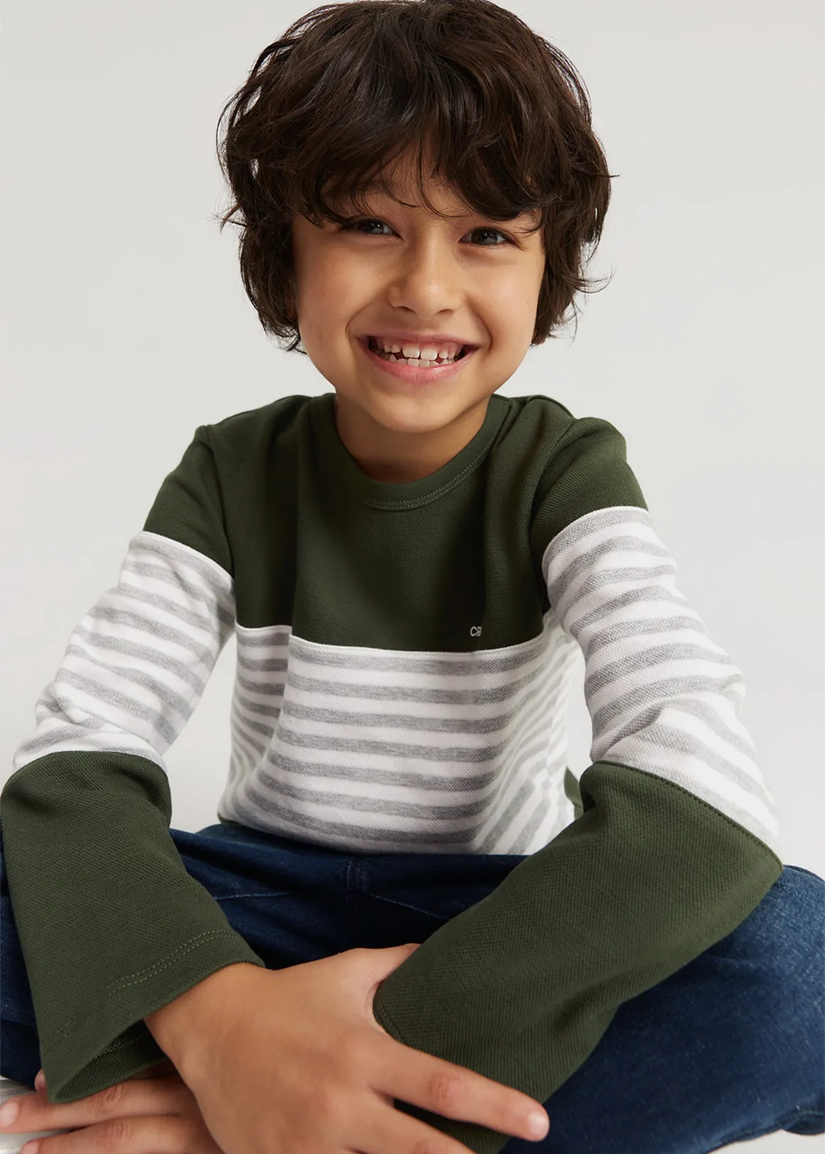 Organically Grown Cotton Block Stripe T-Shirt - KHAKI GREEN