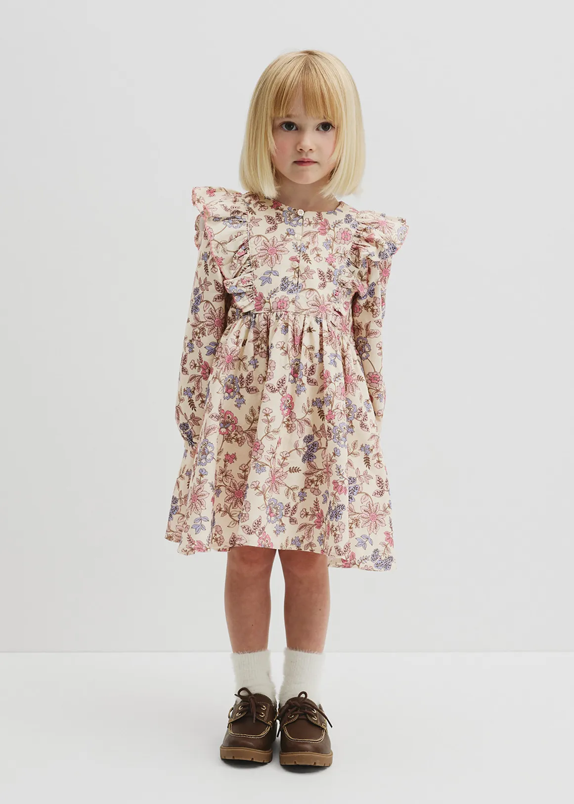 Organically Grown Cotton Printed Ruffle Cord Dress - WINTER GARDEN