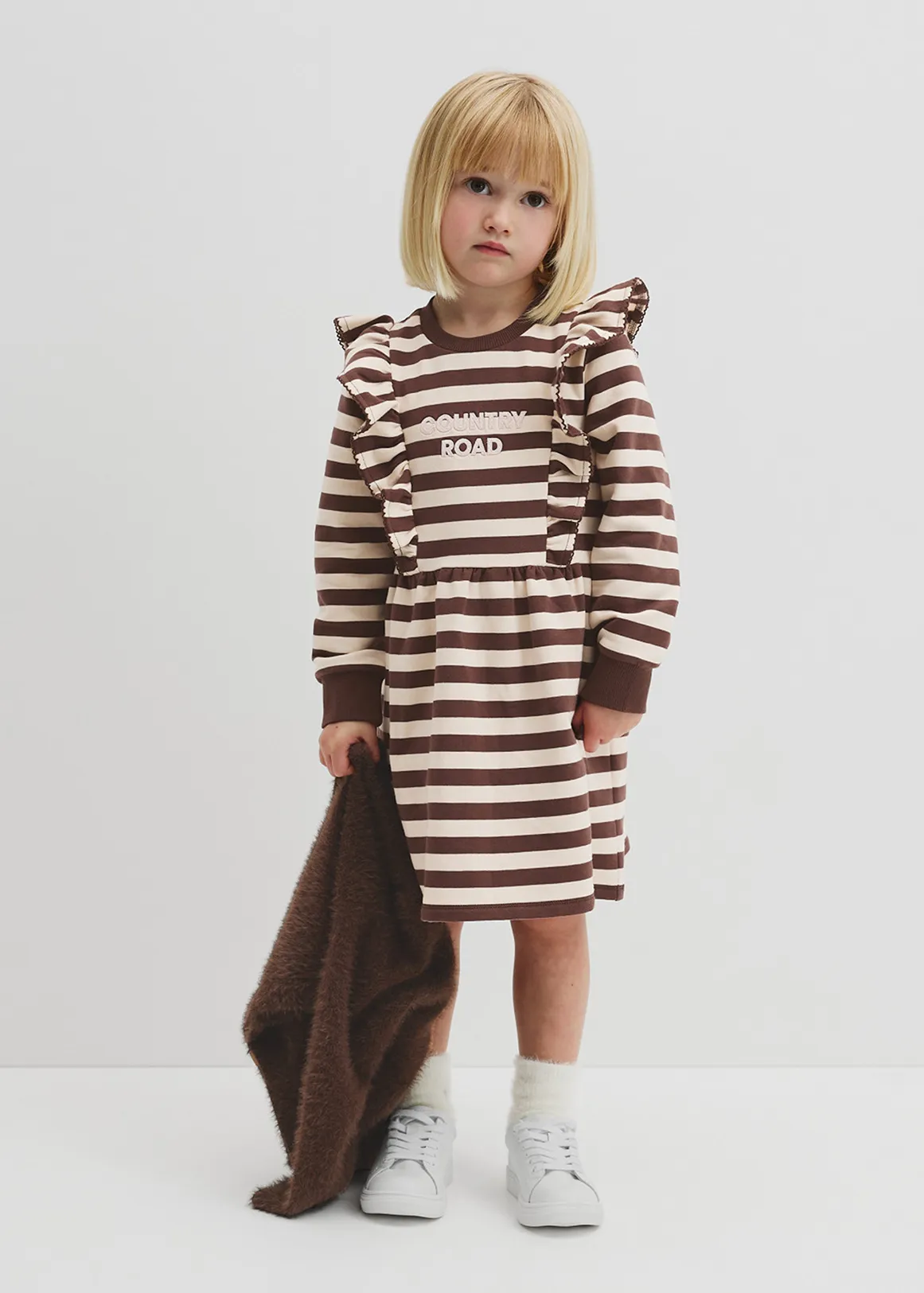 Organically Grown Cotton Stripe Ruffle Sweat Dress - COCOA STRIPE