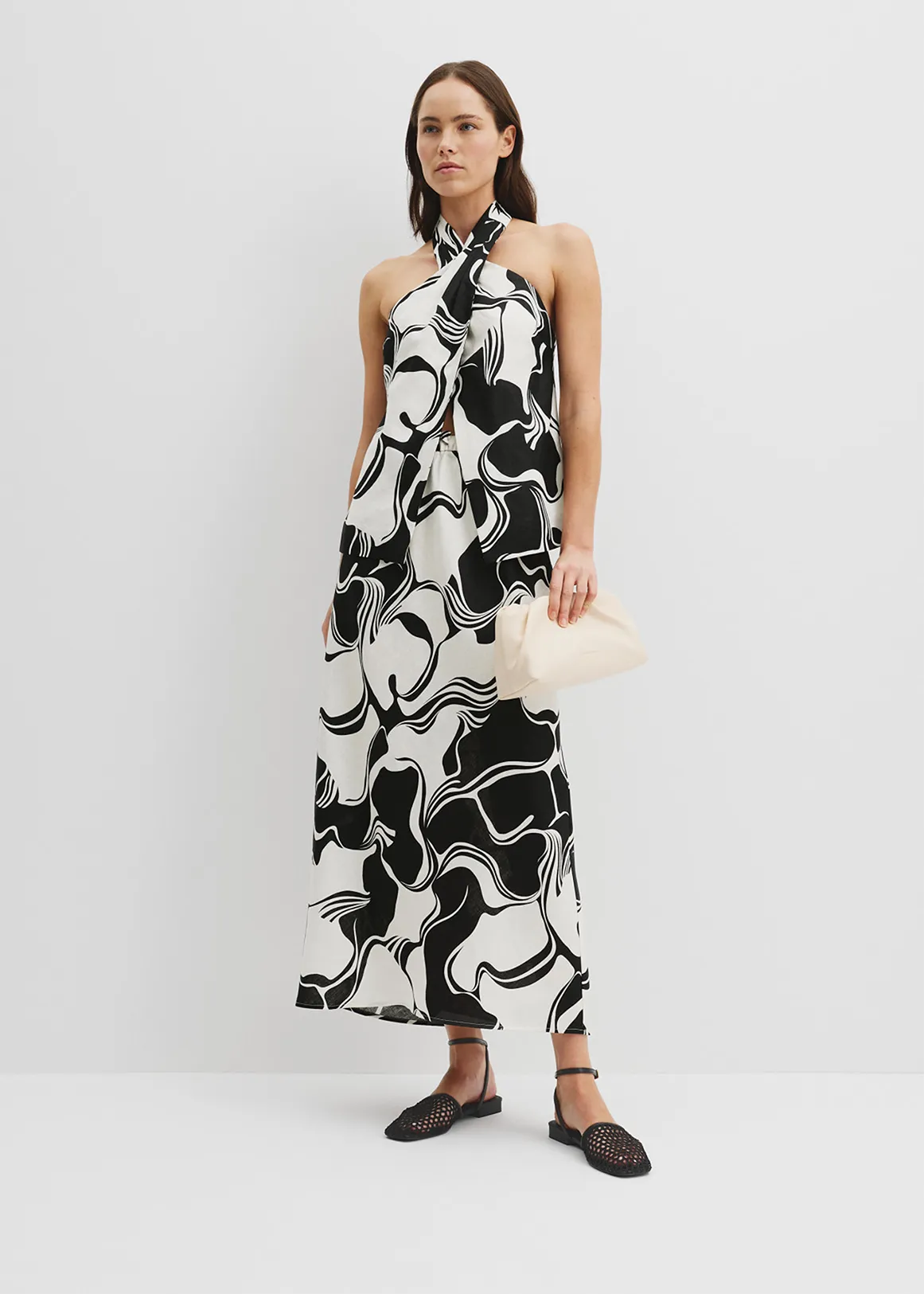 Organically Grown Linen Print Halter Top - BLACK SWIRL GEO